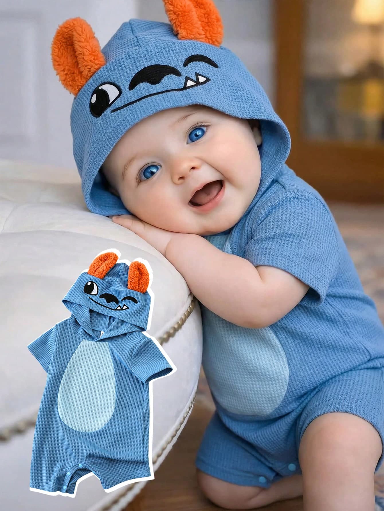 SHEIN Unisex Newborn Baby Boy/Girl Cute 3D Big Ear Design Hooded Short Sleeve Romper Set,Outfit Boy Clothes Suit Waffle Knit