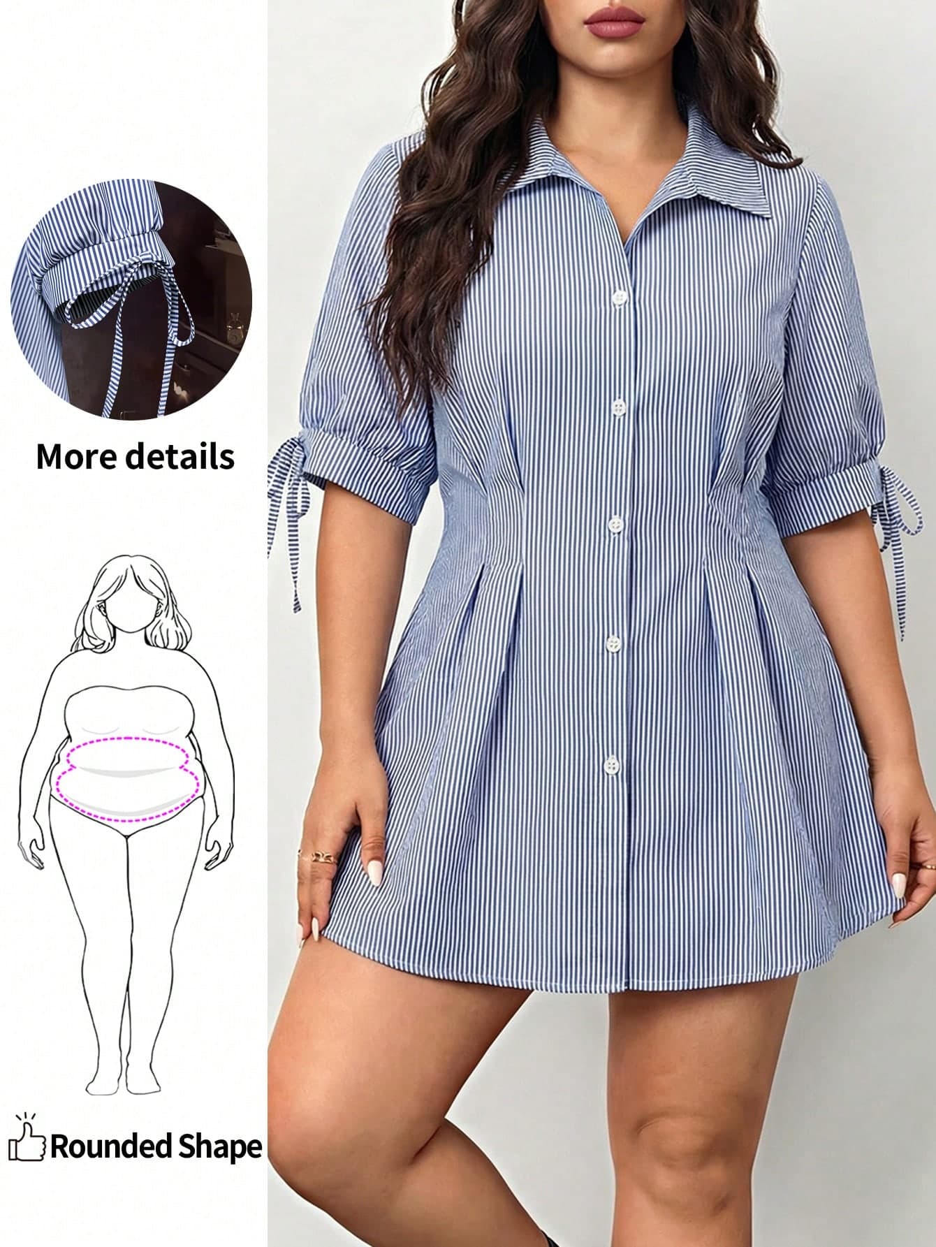 Enliva Plus Size Blue & White Striped Commuter Printed Unique Collar Shirt, For Apple And Rounded Body Shape