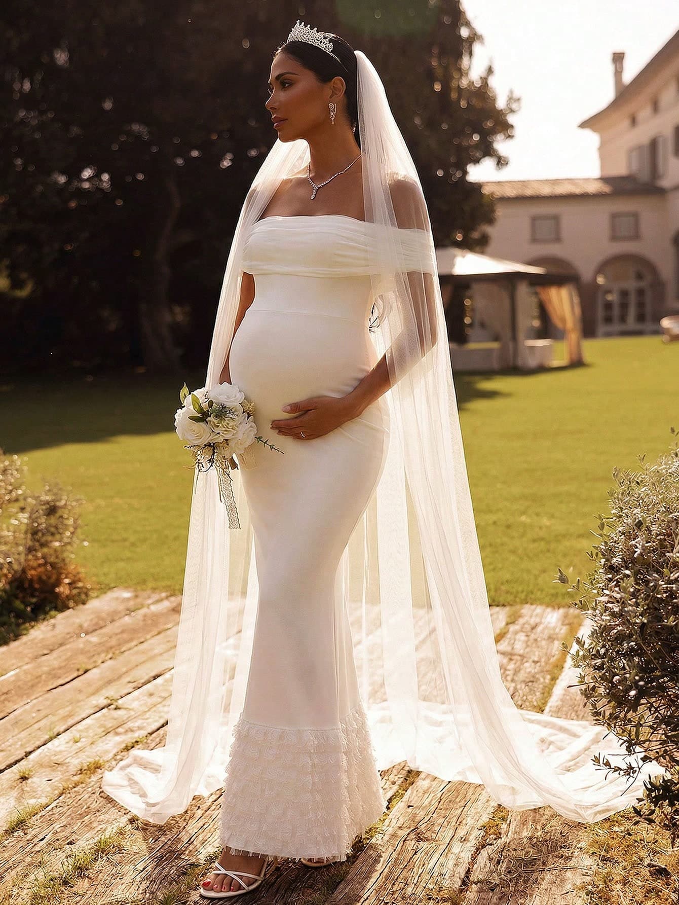 SHEIN Maternity Elegant White Summer Wedding Dress,Pregnant Ruched Off Shoulder Fishtail Hem Fitted Dress For Baby Shower Birthday Wedding Guest Outfits