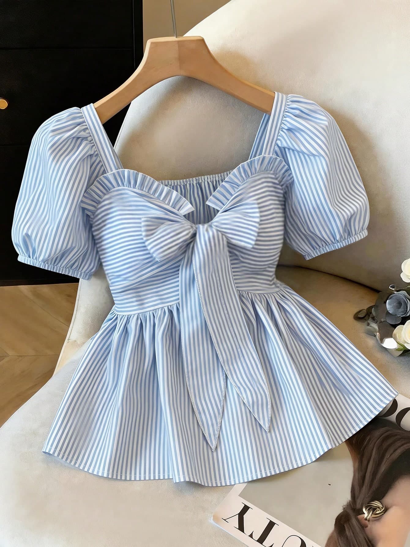 Franclia Stylish Blue Striped Woven Peplum Blouse For Women With Sweetheart Neckline And Puff Sleeves