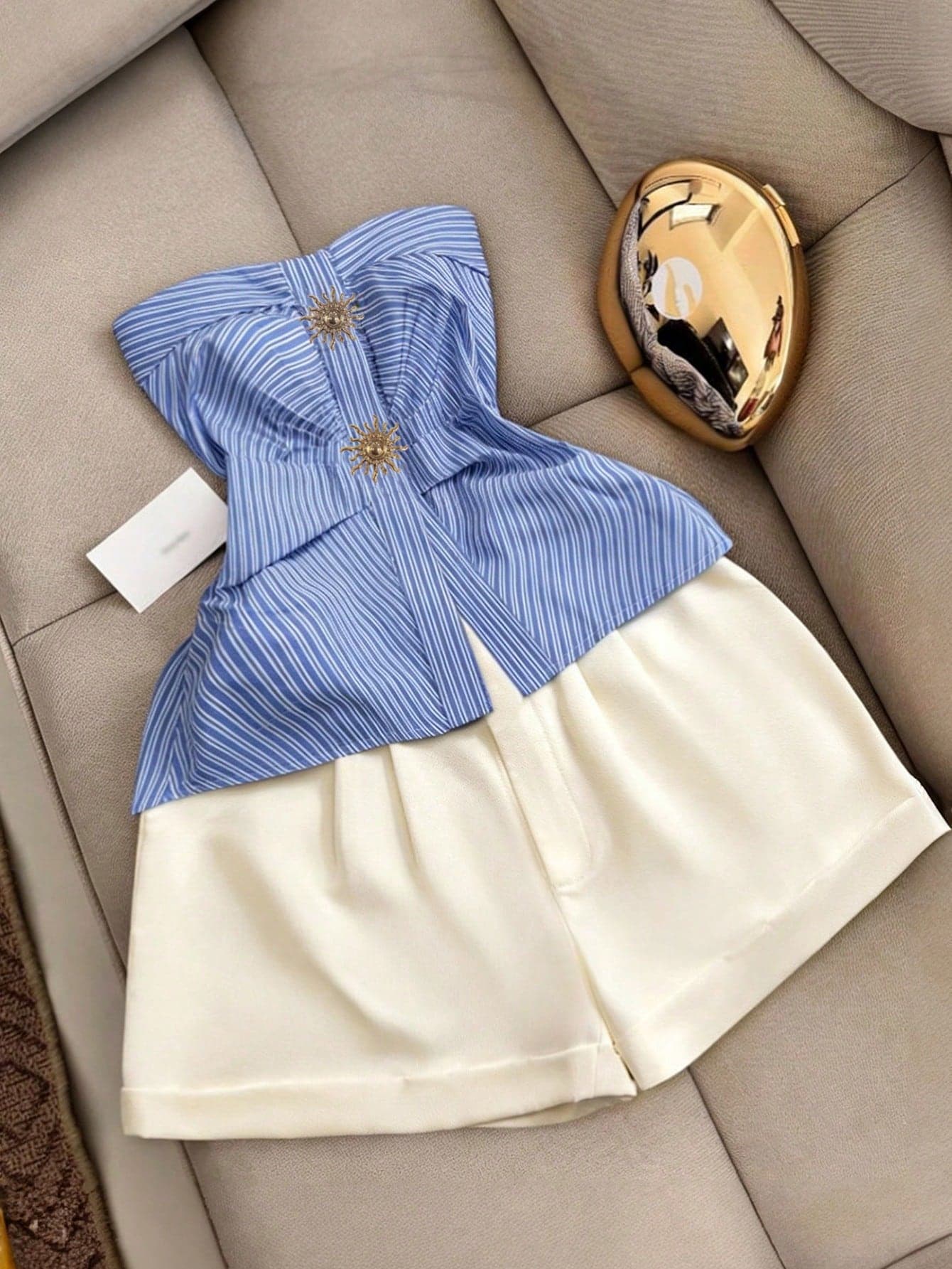 Franclia Women Striped Metal Sun Decor Bandeau Top And Shorts Set