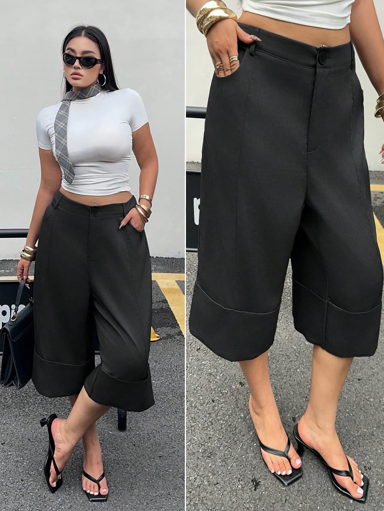 POPSWAY New Elegant Fashion Casual Design Cuffed Hem Capri Pants, High Waist Wide Leg Loose Slimming Versatile Casual Pants For Women