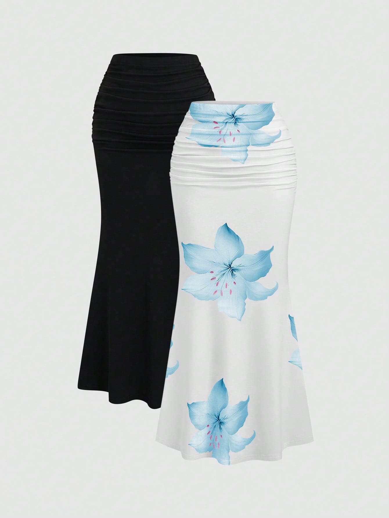 Sweetra 2pcs Women's Elegant Party Solid Color Mermaid Skirt And Floral Print Skirt Set
