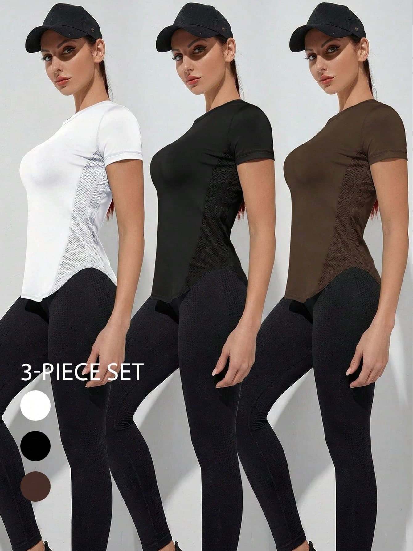 Powerista 3-PCS Fashionable Short Sleeve Sports T-Shirt With Breathable, Sweat-Wicking And Quick-Drying Mesh Panels Compression Shirt Gym Women Shirts Women's Solid Color Round Neck Short Sleeve Casual Fitness Sports T-Shirt