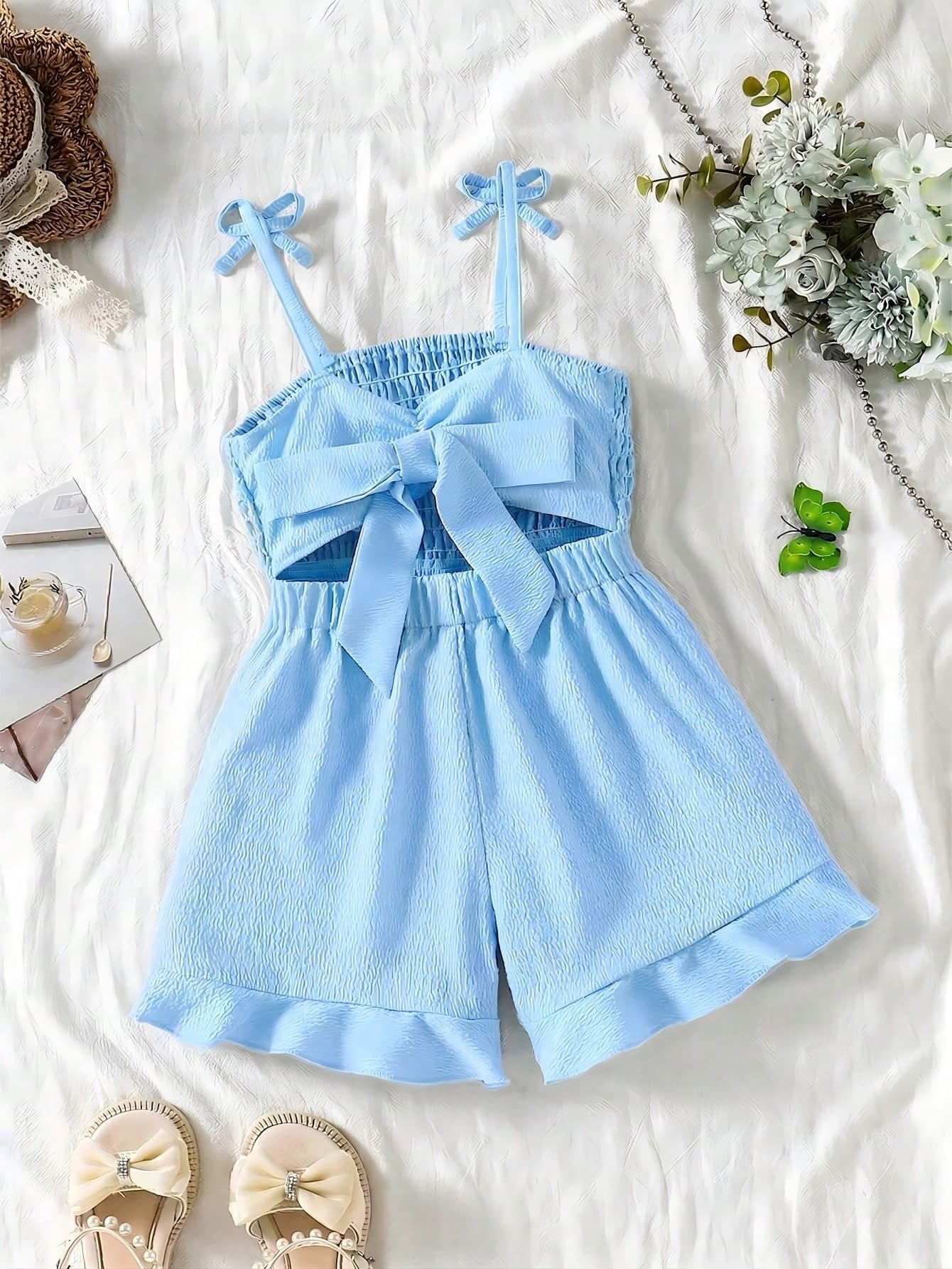 Genkimix Kids Young Girls Elegant Casual Vacation Jumpsuit, Spaghetti Strap Fitted Blue Woven Romper, Spring/Summer, Suitable For Outdoor Vacation