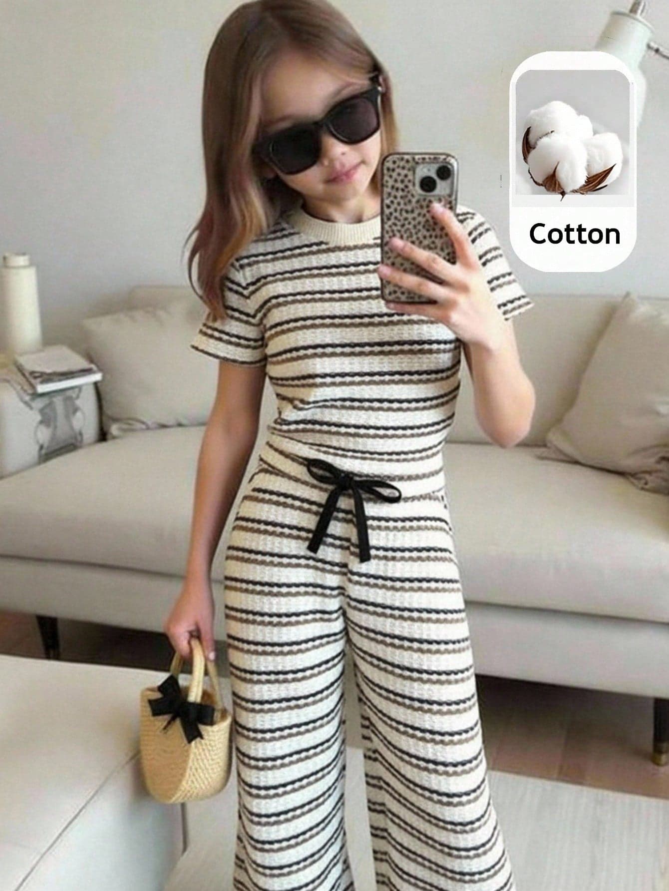 SHEIN 2pcs/Set Young Girl Striped Knit Crew Neck Casual T-Shirt And Slim Fit Pants Set, Children Clothing Outfit