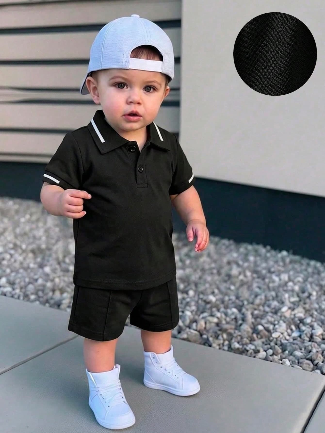 Souflis Souflis 2pcs/Set Baby Boys' Black Minimalist Polo T-Shirt And Shorts Set Summer Casual Beach Outfit For Toddler Boy Golf Photoshoot Outing Party Clothes