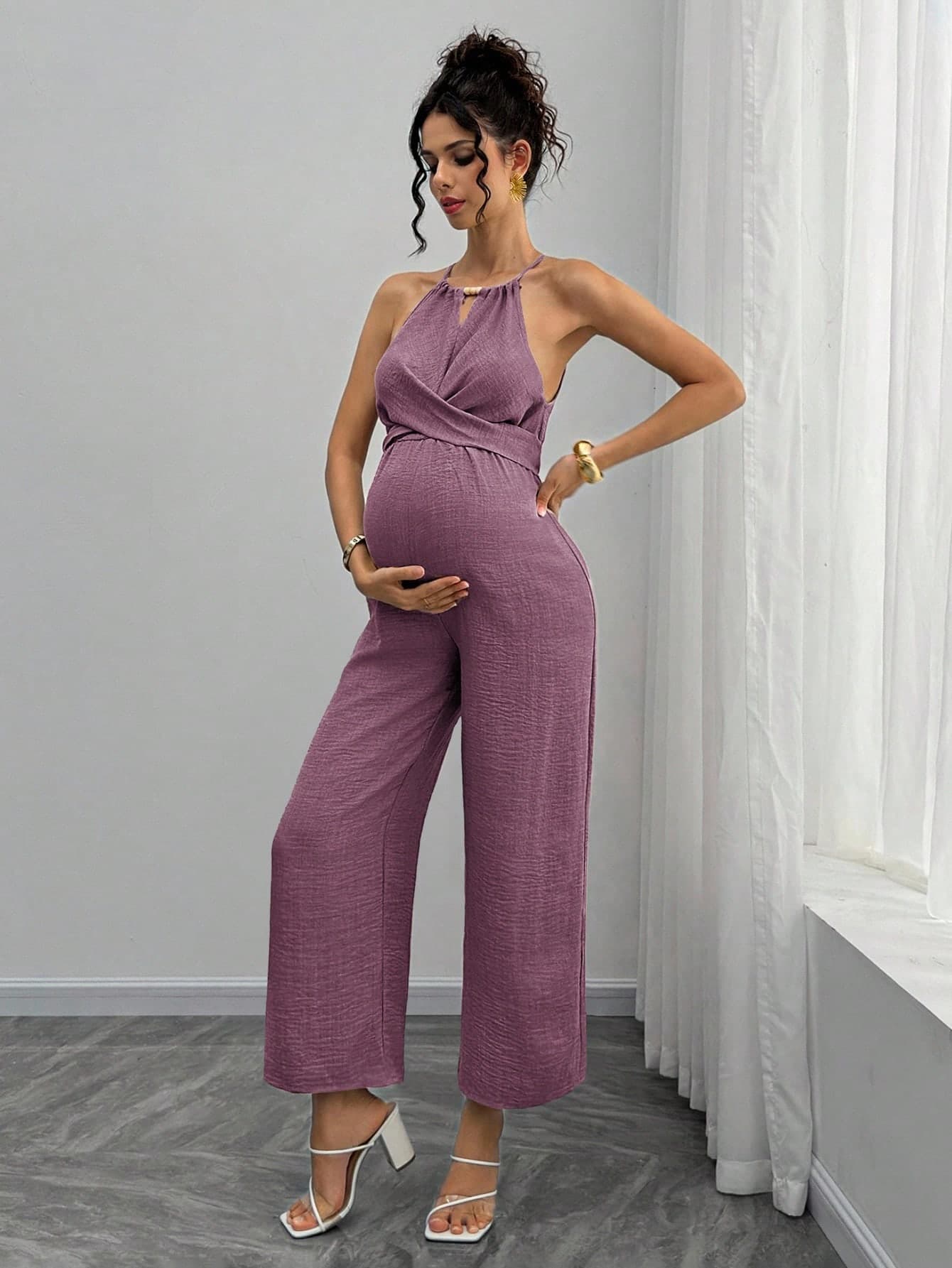 Momance Maternity Wooden Bead Halter Tie Front Bowknot Jumpsuit