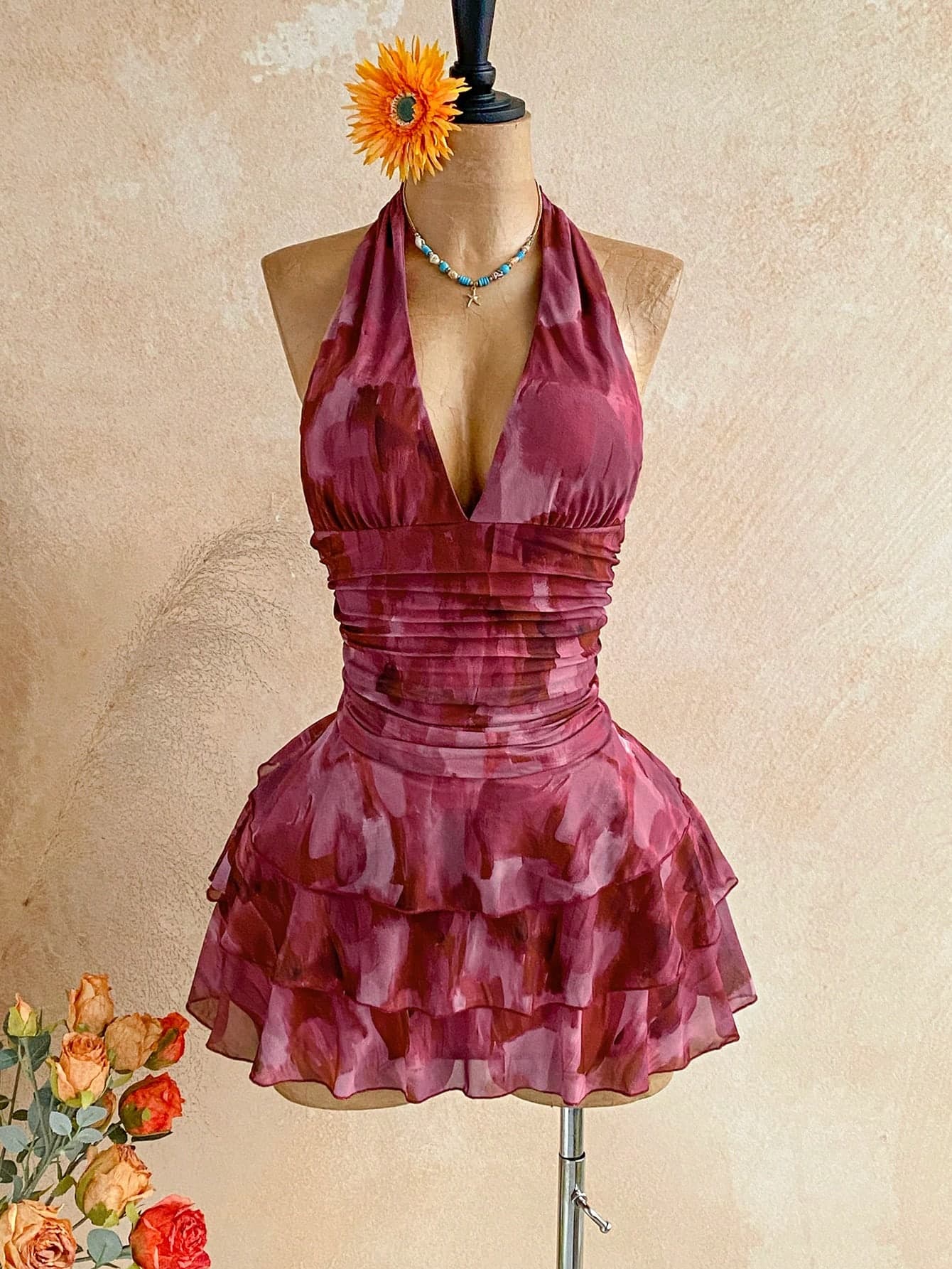 Soleia Autumn/Winter Vintage Zebra Tie Dye Print V-Neck Tie-Up Mesh Ruched Holiday Dress Short Dress For, Women Beautiful Party, Summer Dresses
