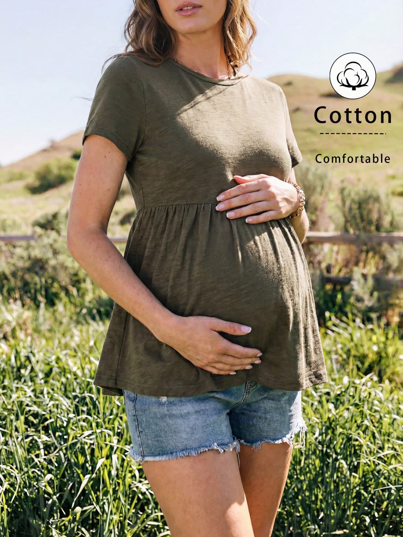 Boho Mama Army Green Cotton Maternity T-Shirt,Casual Green Summer Pregnant Women Tops,Short Sleeve Ruffle Hem Round Neck Prenatal,Country Style