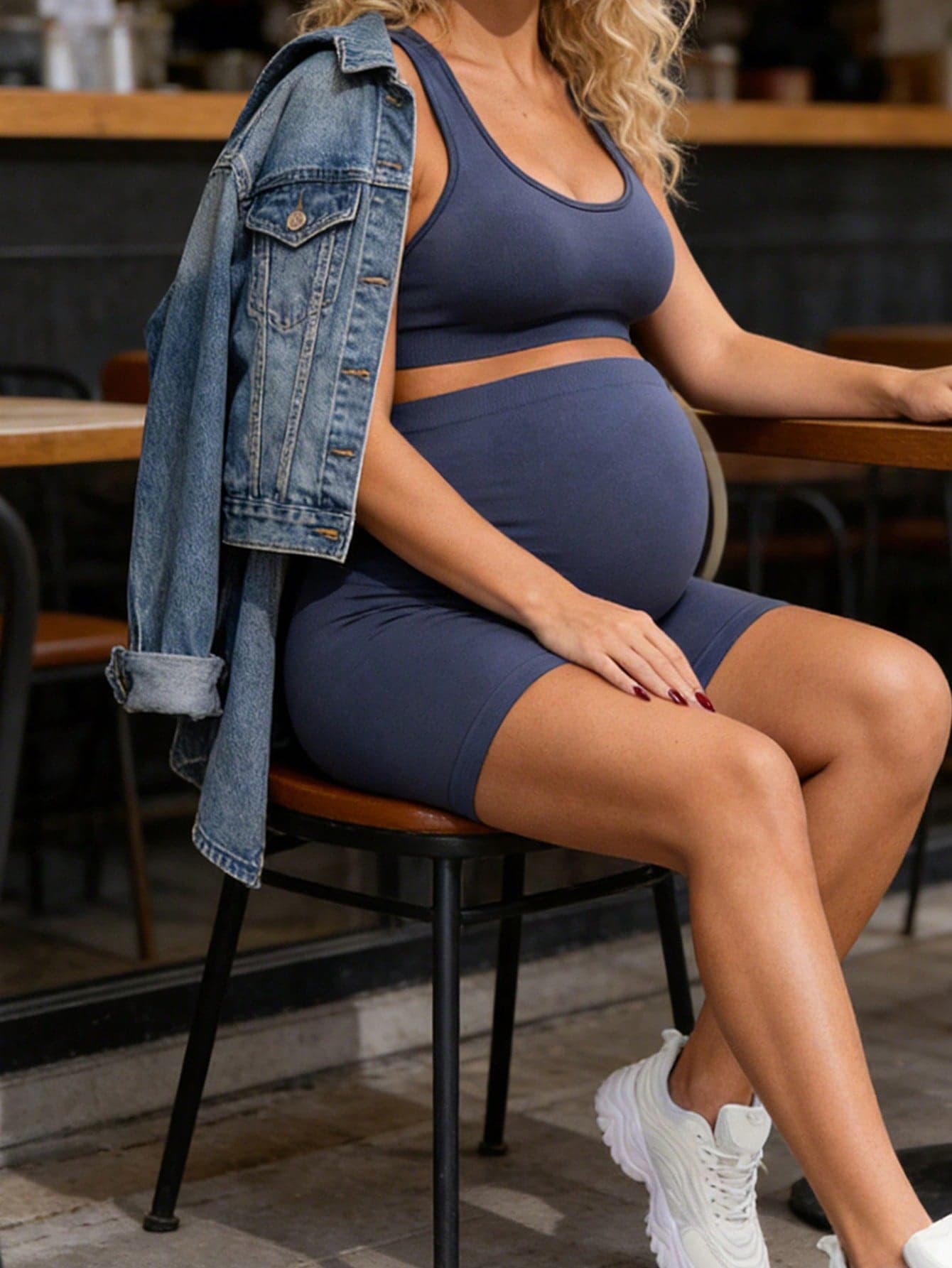 SHEIN 2pcs Maternity Solid Color Knit Patchwork Elastic Camisole Top And Shorts Sports Suit,Word Cup