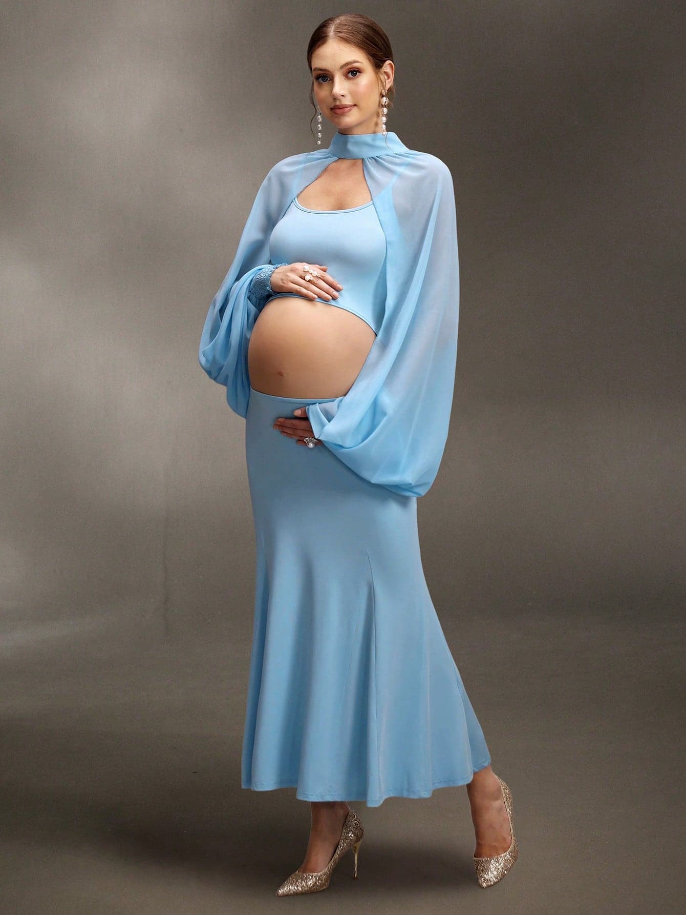 Cheriluna Maternity Elegant Light Blue Maternity Photoshoot Outfit,Summer Pregnant Woman Cutout Waist Slip Dress With Chiffon Bell Sleeve Top Pregnancy Gown Baby Shower
