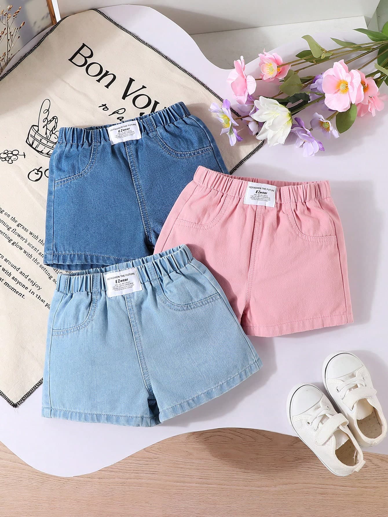 Baby Girls' Light Blue,Pink,Denim Blue Denim Shorts Summer Casual Vacation Korean Style Fashion Elastic Ruffled High Waist Premium Cotton Shorts