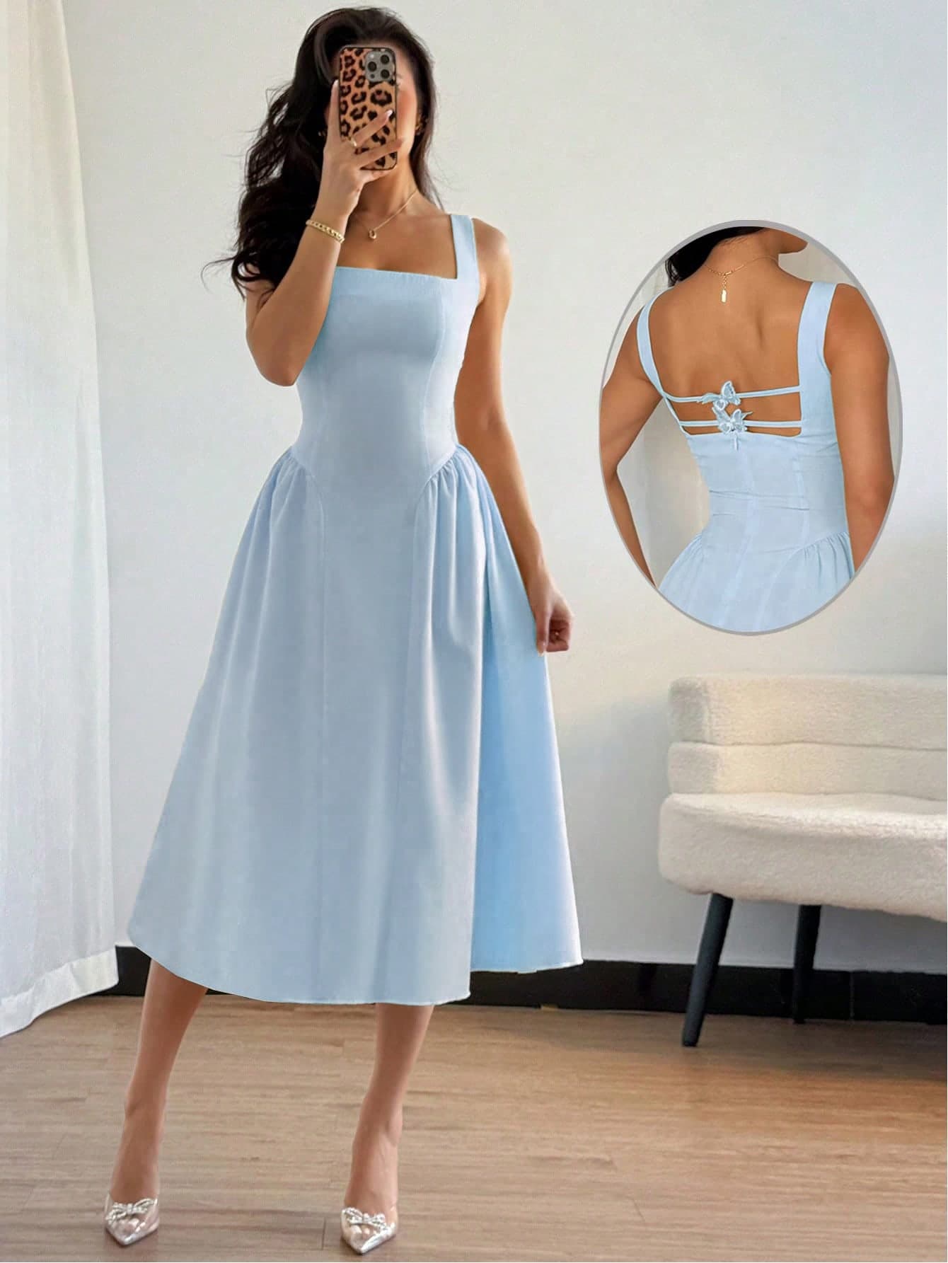 Modelyn Chic Baby Blue Elegant Summer Party Date Dress,Sleeveless Flared Midi Dress With Square Neckline,Butterfly BackWide Straps, Date Night Outfits
