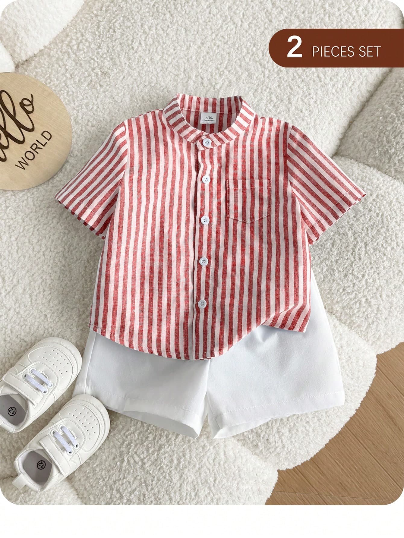 Baby Boy Casual Cute Striped Short Sleeve Shirt And Elastic Waist Shorts Set