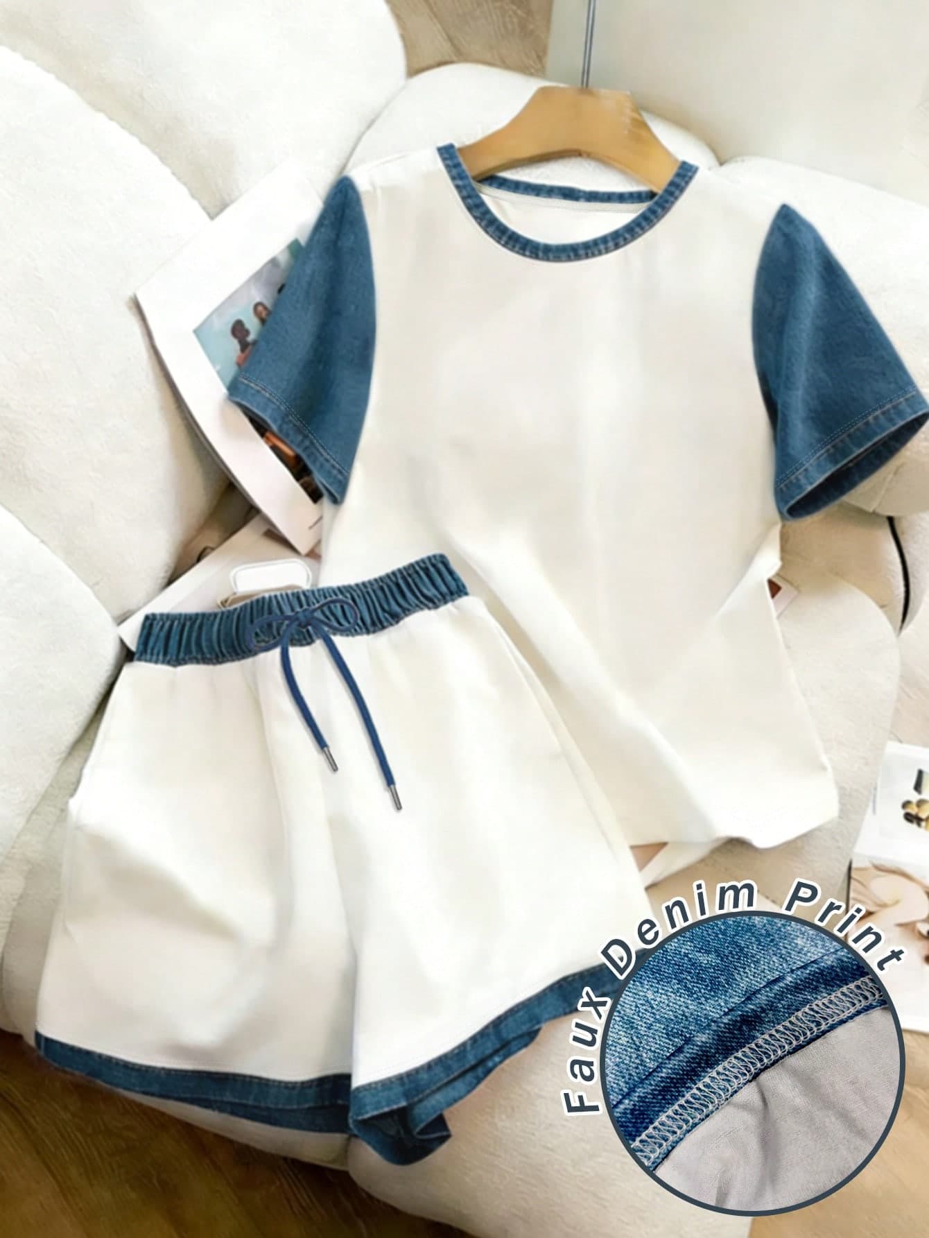 Resyla Women's White And Blue Denim Effect Patchwork T-Shirt And Shorts Set,Summer Casual Everyday Loose Round-Neck Outfit,Fashion Stylish Mother's Day Gift