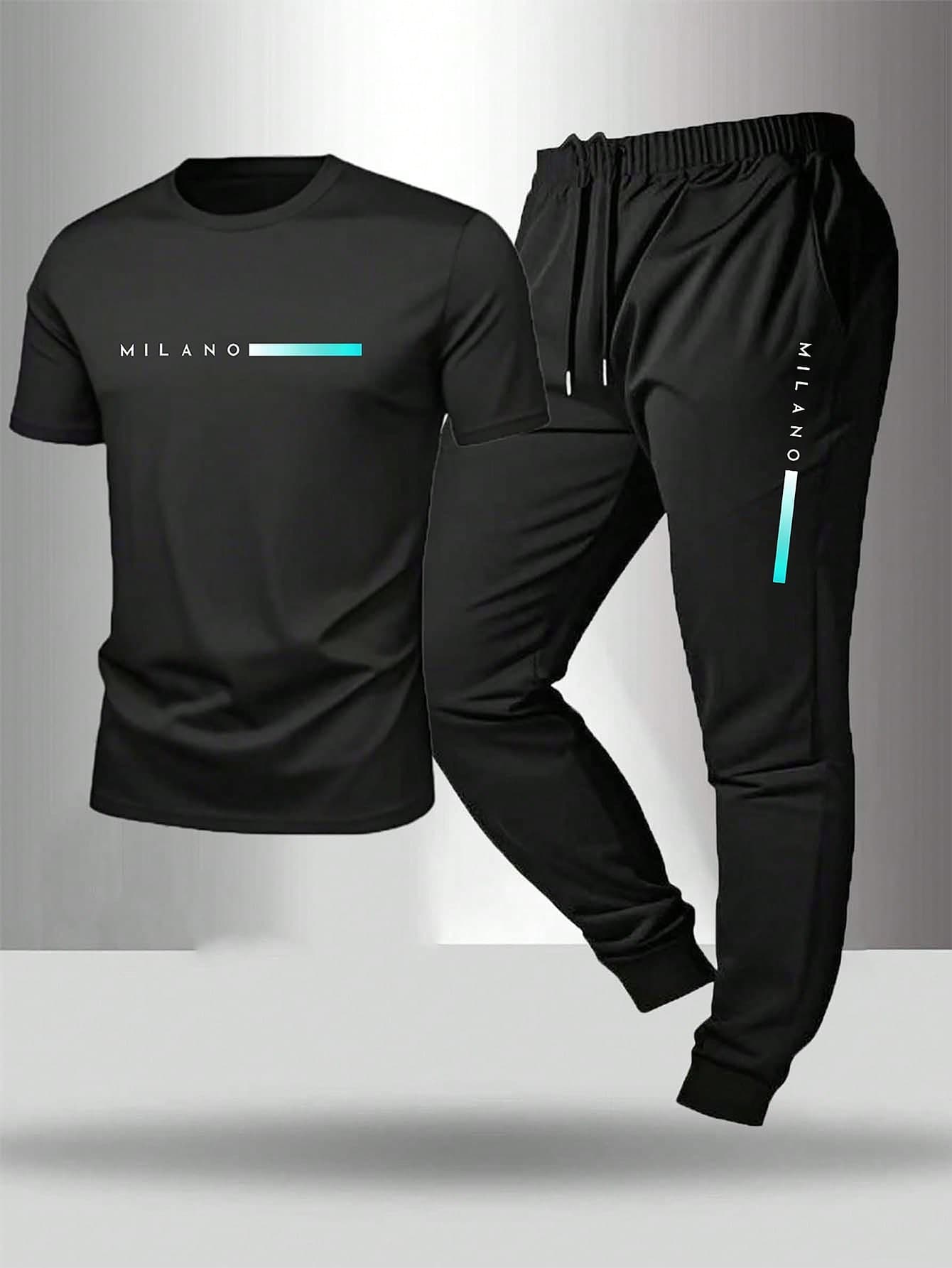 Gym Rark 2pcs Men's Printed Short Sleeve Top + Drawstring Waist Long Pants,Black Sports Suit,Summer Athleisure Gym Workout Outfit,Sports & Fitness Clothing Set
