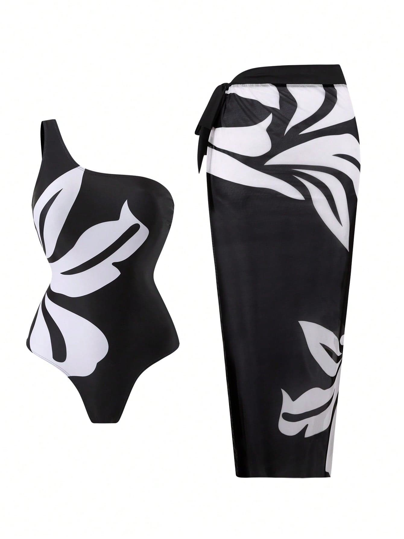 Swim Oasis Plus Size Black & White Placement Print One-Piece Swimsuit With Mesh Skirt,Shoulder Bag,Waist Drawstring,Summer Elegant Formal Beach Evening Holiday