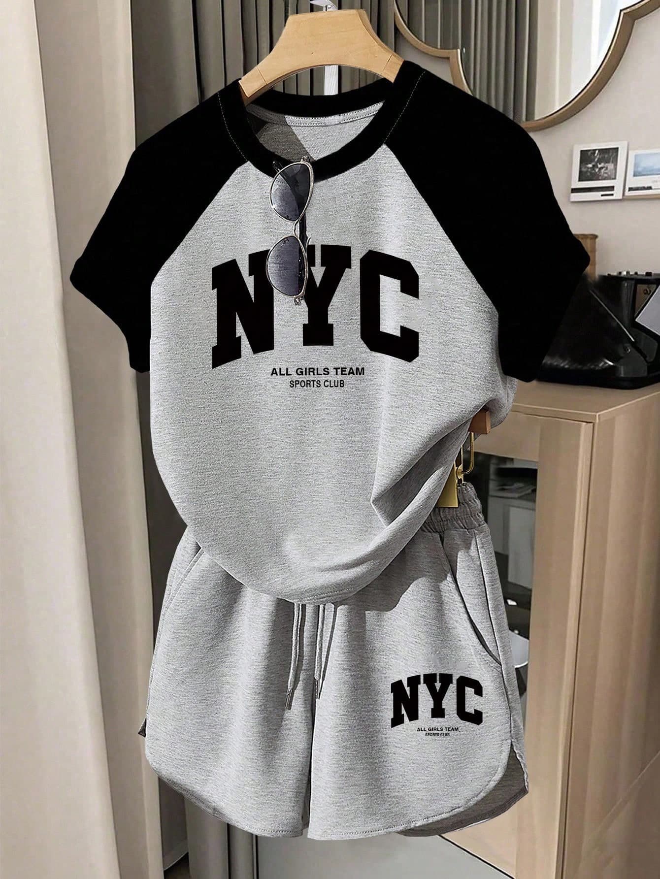 Resyla Summer Casual Outfit, Minimalist Letter Print Design, Contrast Color T-Shirt And Shorts Set, Relaxed Fit, Student Style, Daily Wear