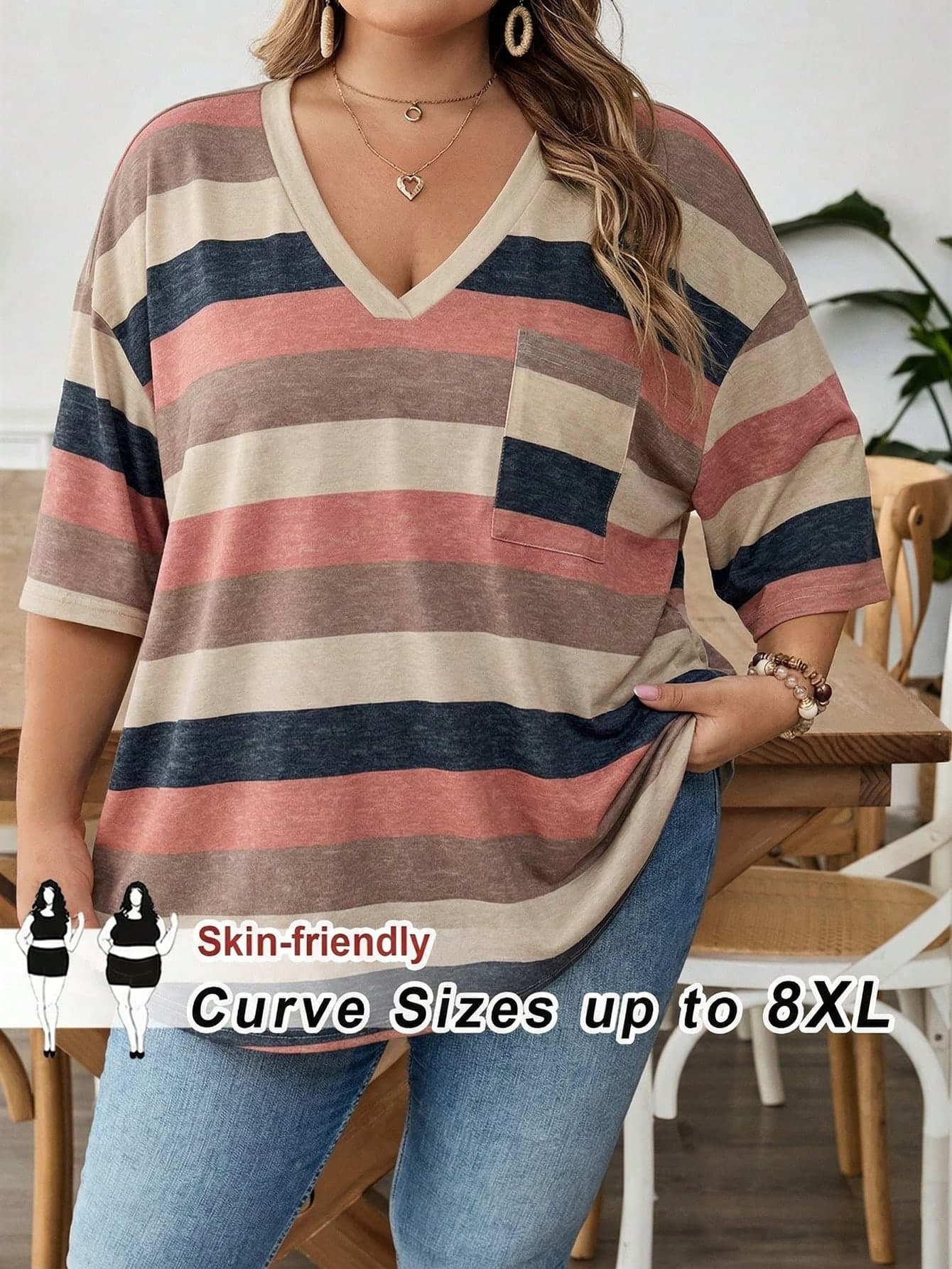 SHEIN CURVE+ Plus Size Women's V-Neck Contrast Striped Loose Casual Summer T-Shirt With Pocket,Everyday Beige Short Sleeve Top,Curve Sizes Up To 8XL