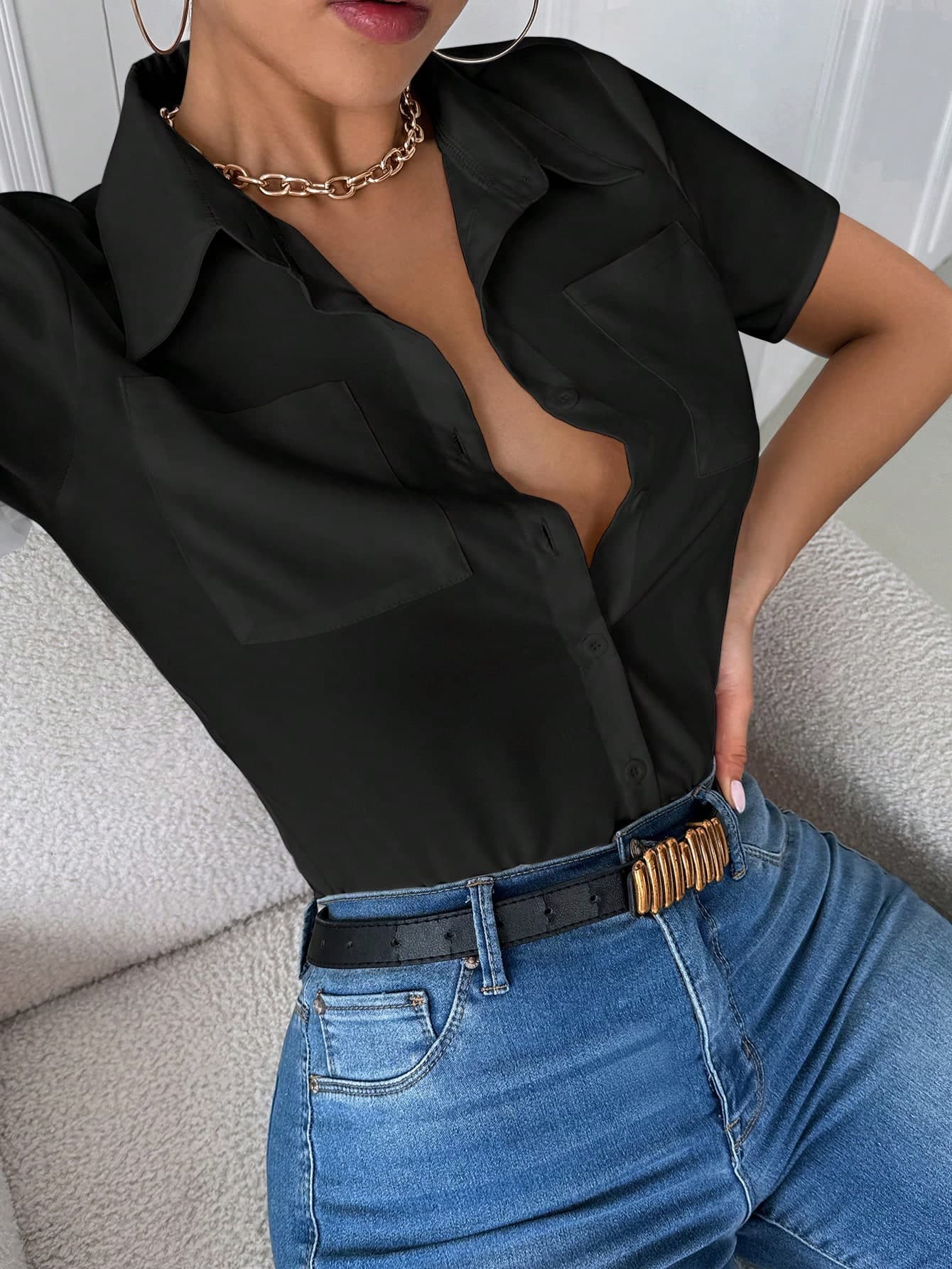 Franclia Women's Short Sleeve Casual Collar Pocket Slim Fit Shirt, Black Blouse