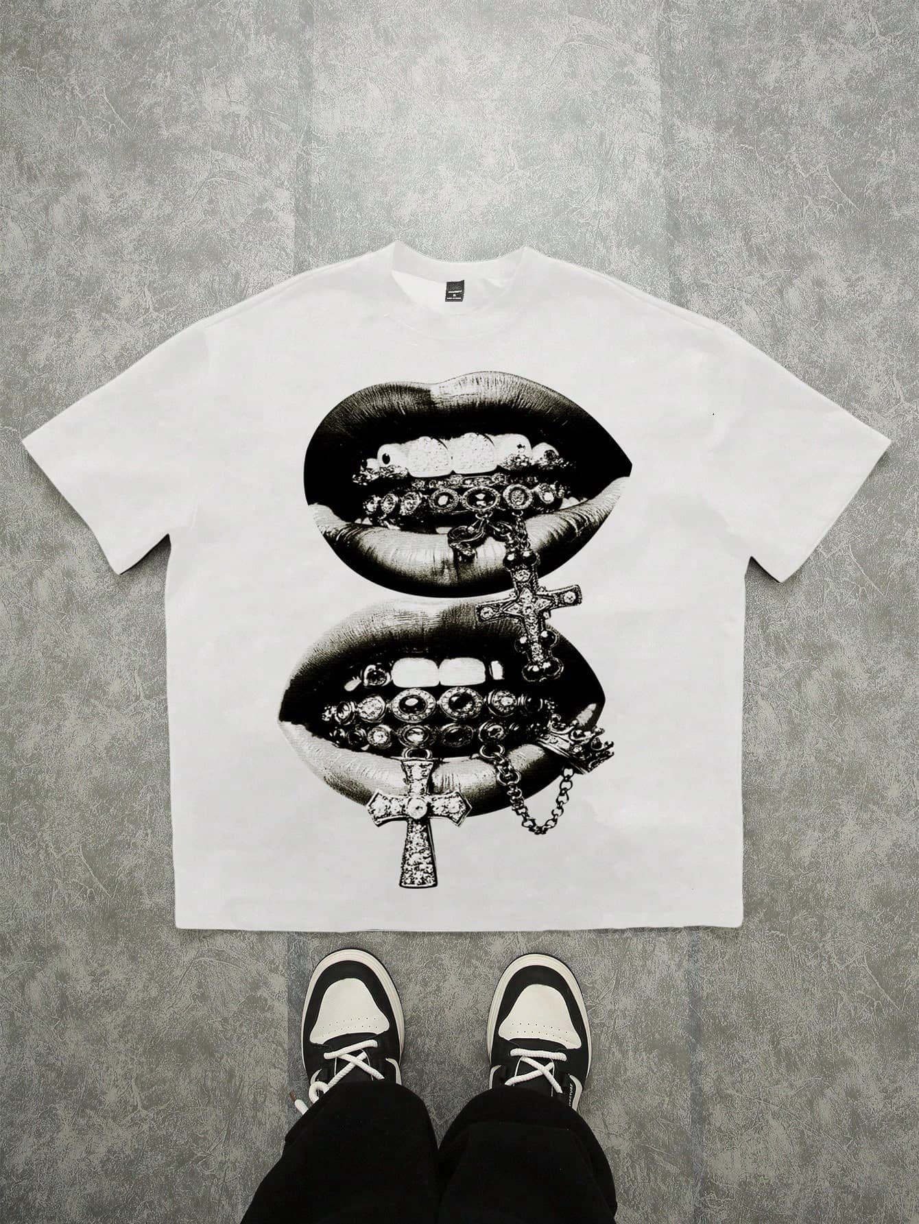 Teen Boy Casual Minimalist Round Neck Short Sleeve T-Shirt Suitable For Summer,Classic Lip,Gem,Cross Print,Y2K Style White Gothic Streetwear T-Shirt