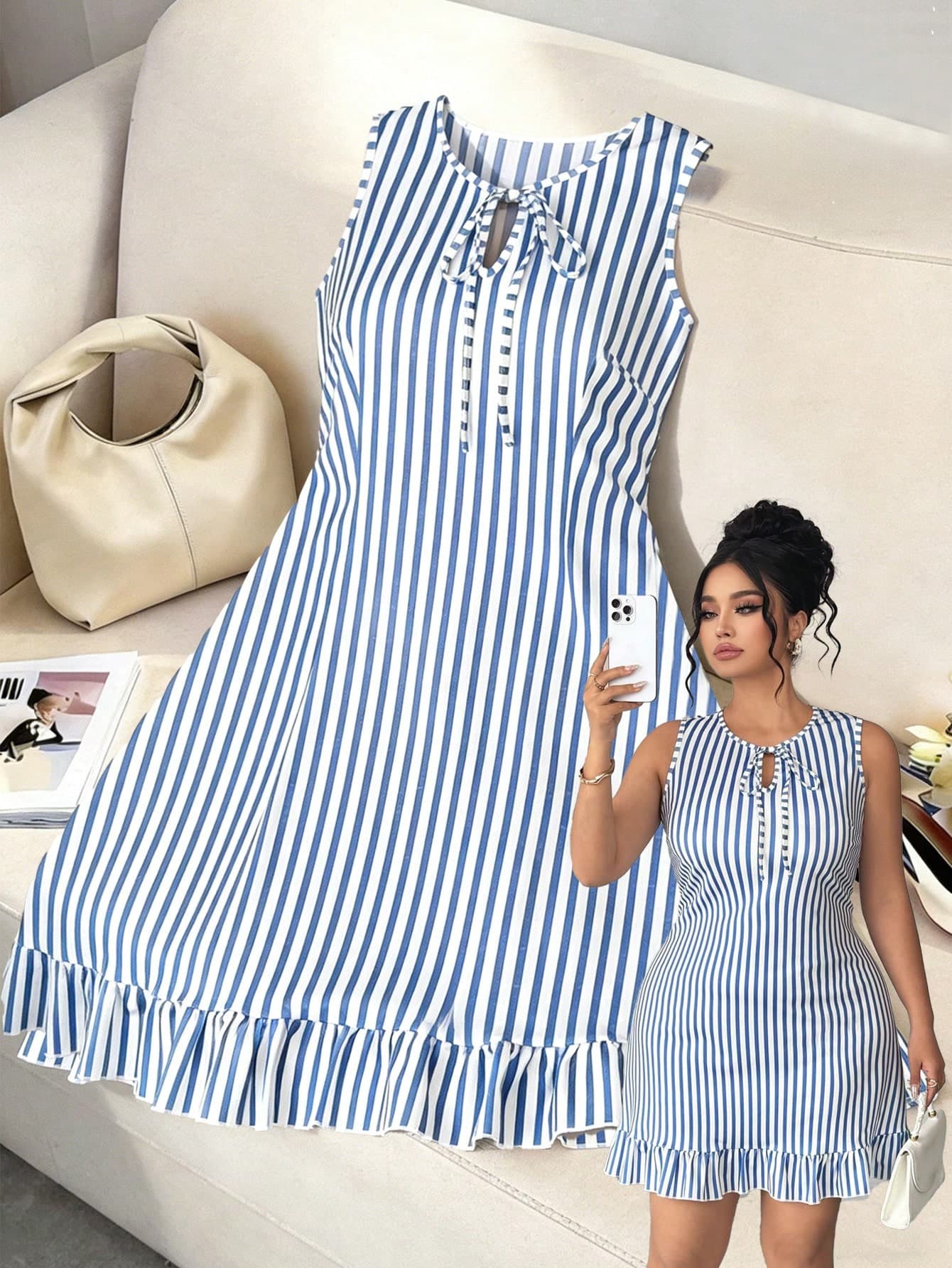 Elenzga Elegant Women's Blue And White Striped Print Round Neck Sleeveless Fitted Dress,Summer Smart Casual Daily Wear,Vacation Beach Comfortable Dress