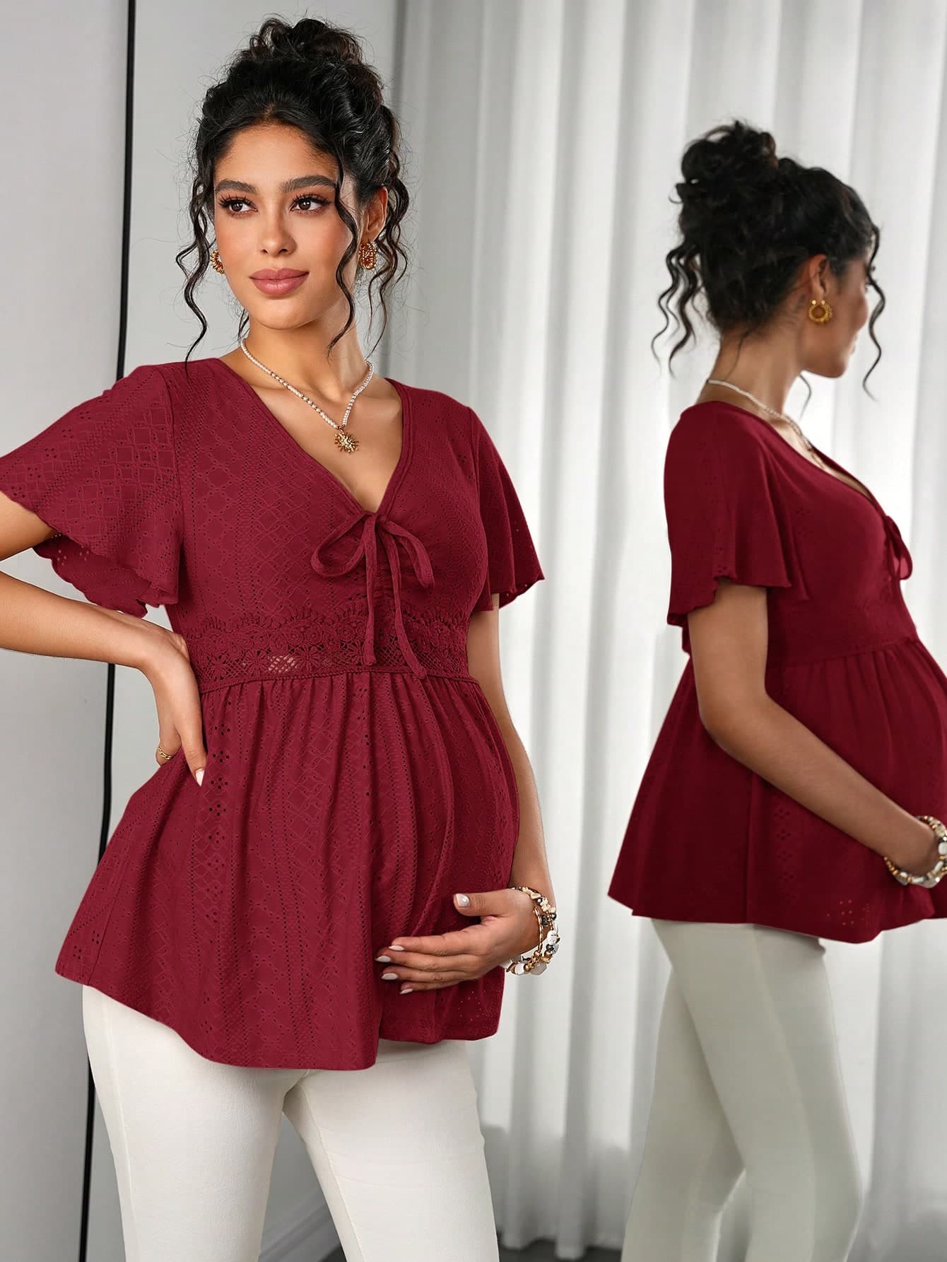 Momance Hollow Embroidered Ruched Chest Decoration Elegant Cute Casual Maternity T-Shirt