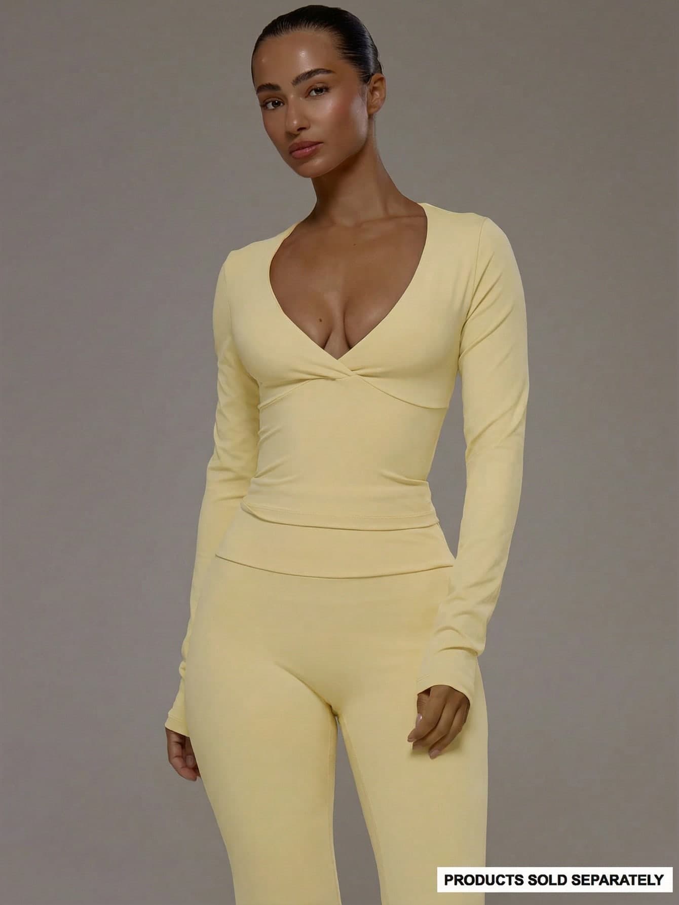 Musera Sport Wrap Front V-Neckline Doule Layered Long Sleeve Active Top Only Sport Workout Gym Pilates Fitness Daily Casual Butter Yellow Lemon
