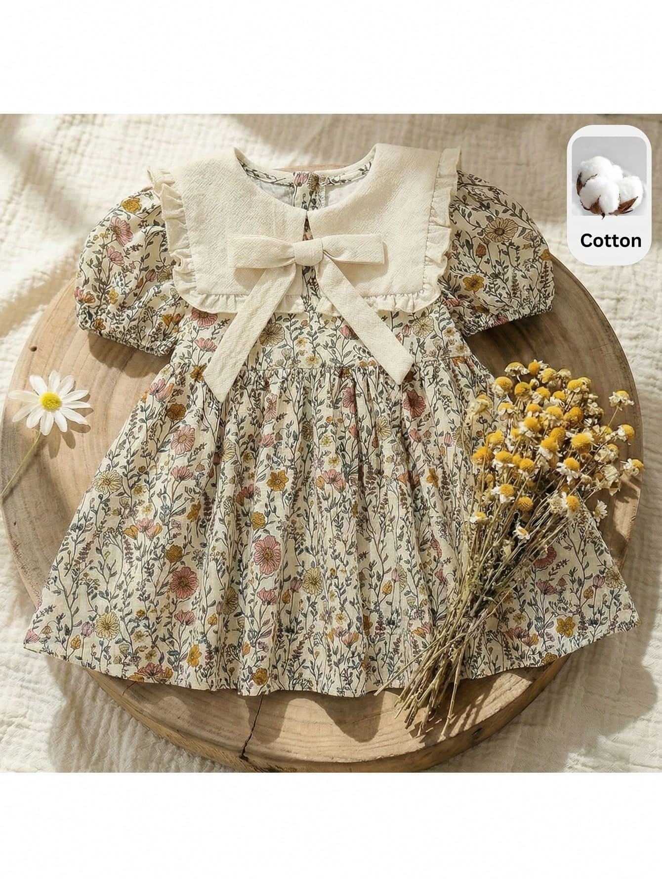 Loomiva Baby Girl Floral Print Color Block Puff Sleeve Cinched Waist Dress, Versatile & Comfortable