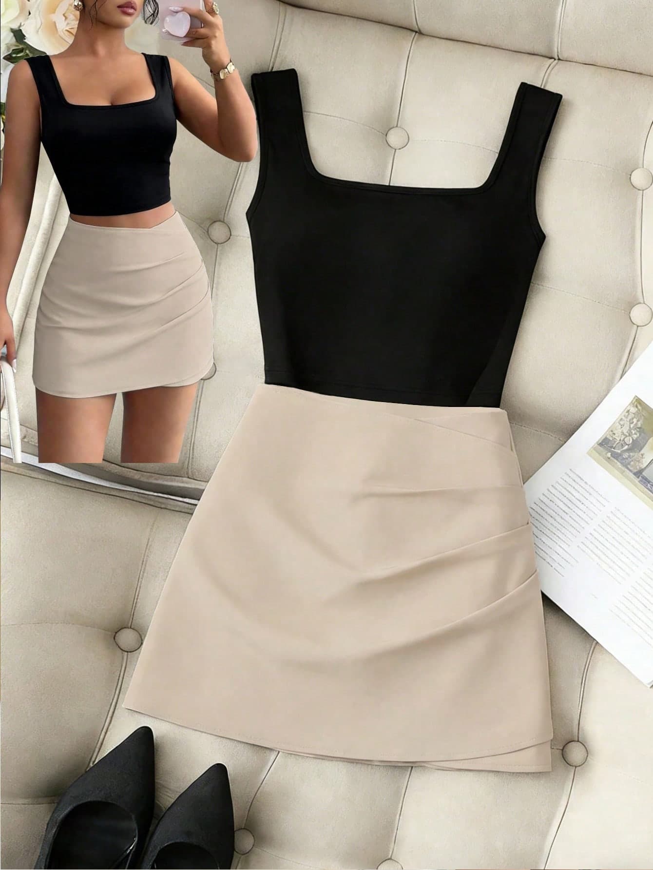 Elenzga New Set: Black Square Neck Wide Strap Camisole Tank Top + High Waist Pleated A-Line Skirt, Fashionable Summer Outfit For Women