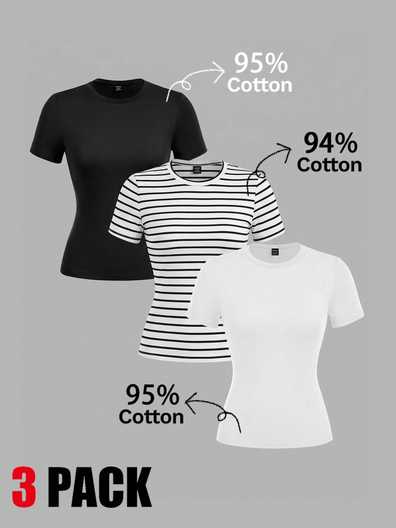 SHEIN EZwear 3pcs Set Women Casual Minimalist 95% Cotton Round Neck Slim Fit Long Sleeve T-Shirt, 94% Cotton Striped, Casual,Summer,Casual,Y2k