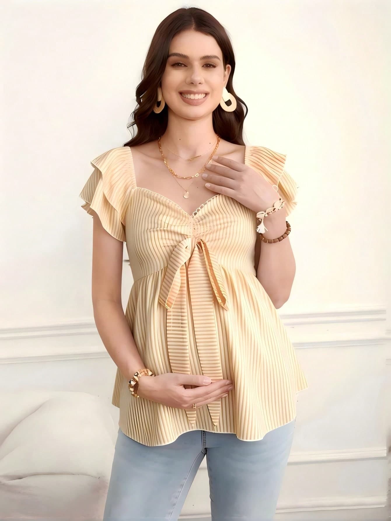 SHEIN Maternity Elegant White Summer Striped Shirt,Sweetheart Neckline Bow Tie Ruffle Hem Short Sleeve Tops For Pregnant Women,Baby Shower Casual Blouse