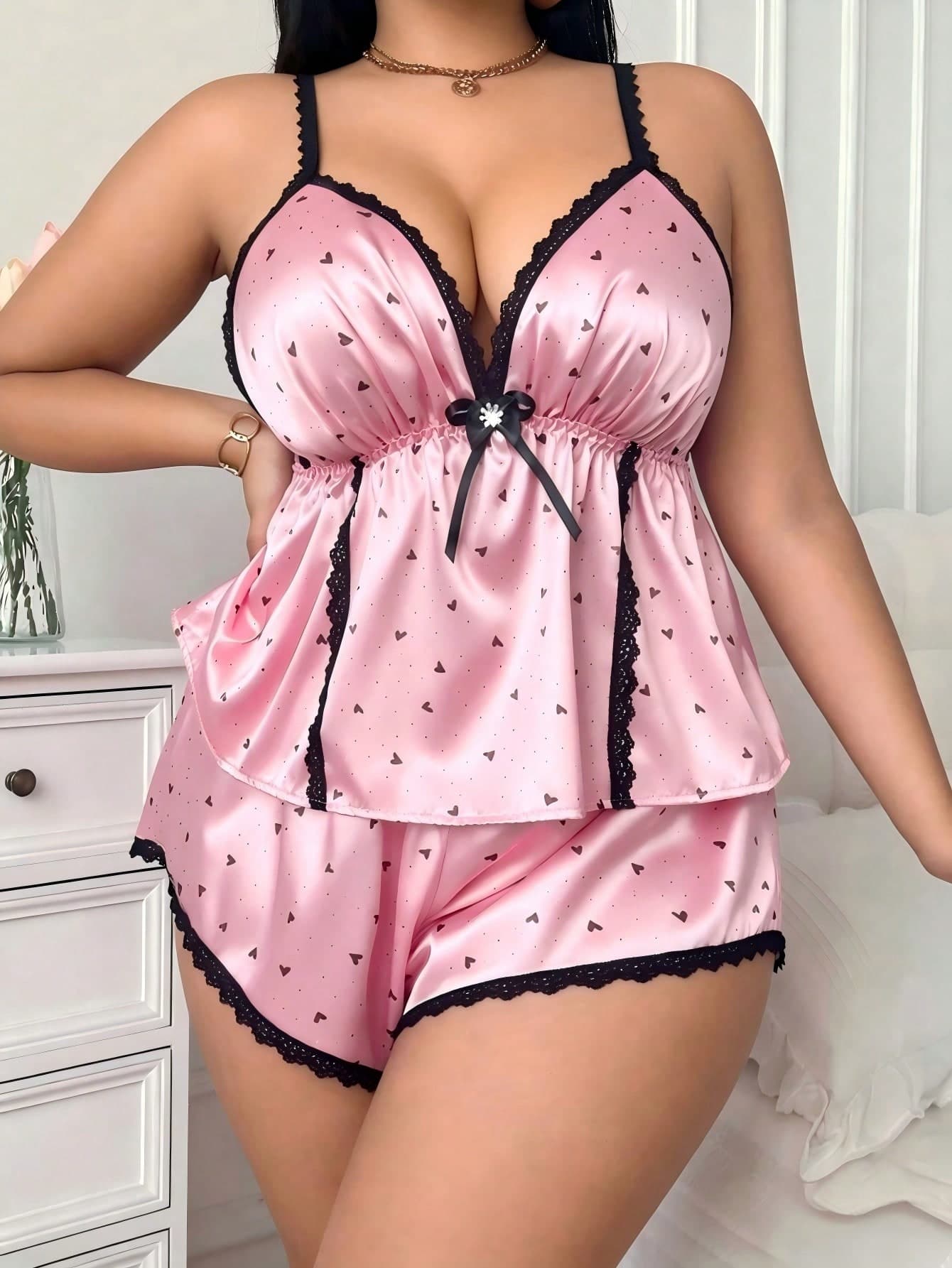 SHEIN Plus Size Satin PJS With Lace Trim And Spaghetti Straps In Pink Plus Size Lingerie 2 Piece Set