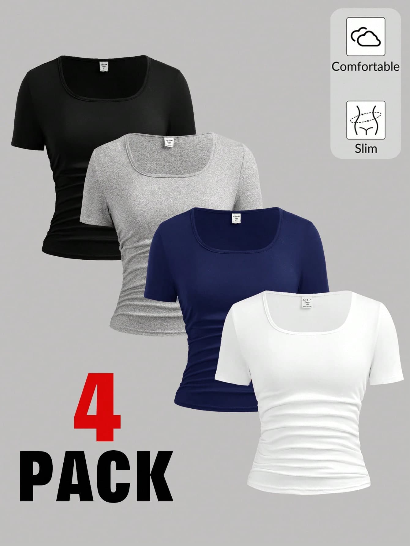 SHEIN Girlism Teen Girls' 4-Pack Crew Neck Short Sleeve T-Shirts,Slim Fit Solid Tops,Summer,Casual,Graduation,Back-To-School,Black And White,Burgundy,Gray,Plain