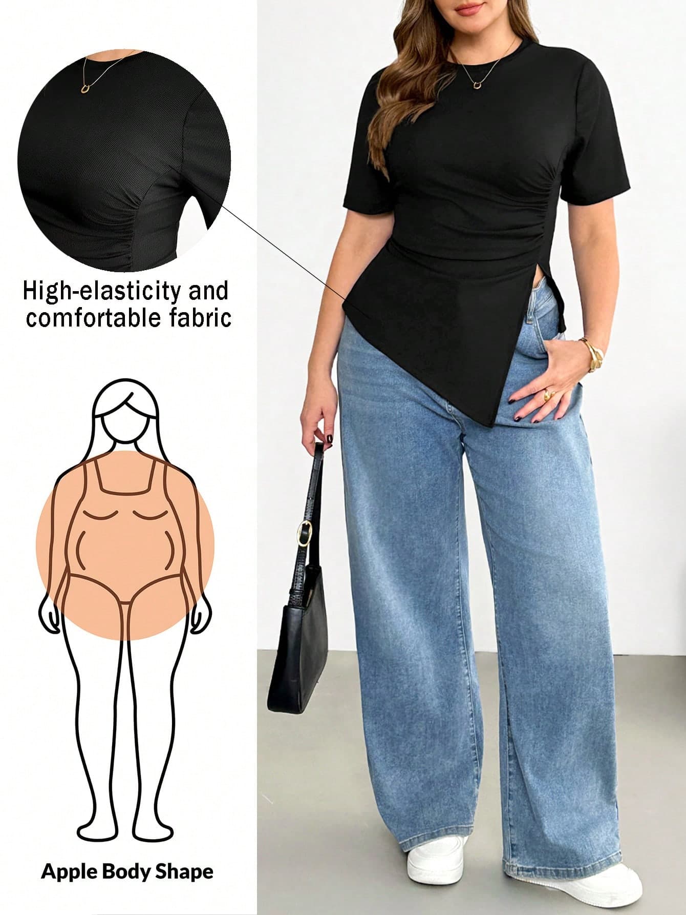 Shapeblank Plus Size Women's Black Summer Smart Casual Everyday Short Sleeve T-Shirt, Stretchy Comfortable Asymmetric Hem Ruched Waist Curve Tops