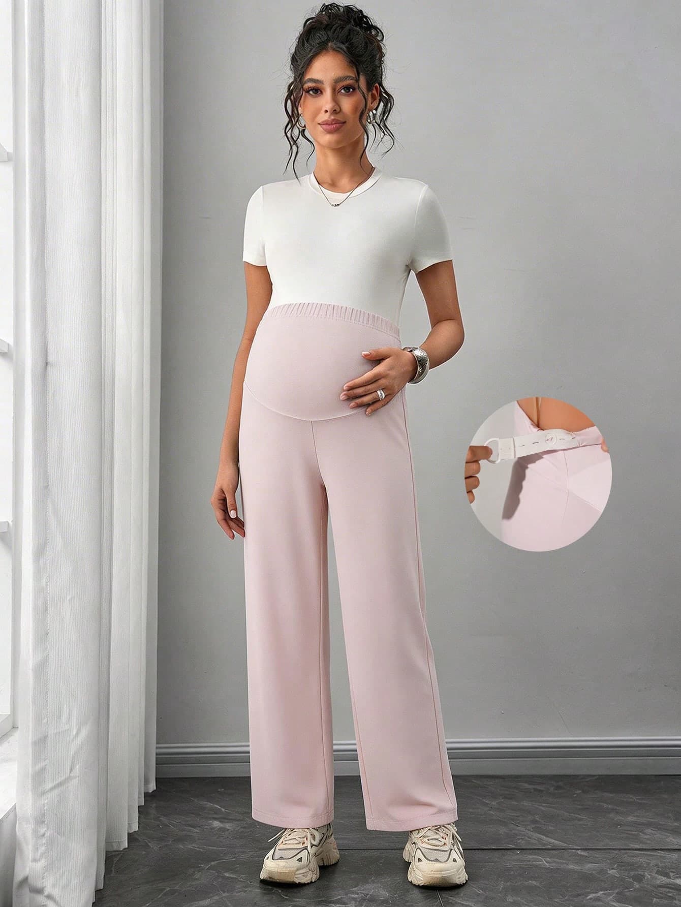 SHEIN Maternity Solid Color High Waist Straight Leg Sweatpants,Blush Pink,Summer,Casual,Formal,Maternity Photoshoot Pregnancy Outfits Women Trousers Pants