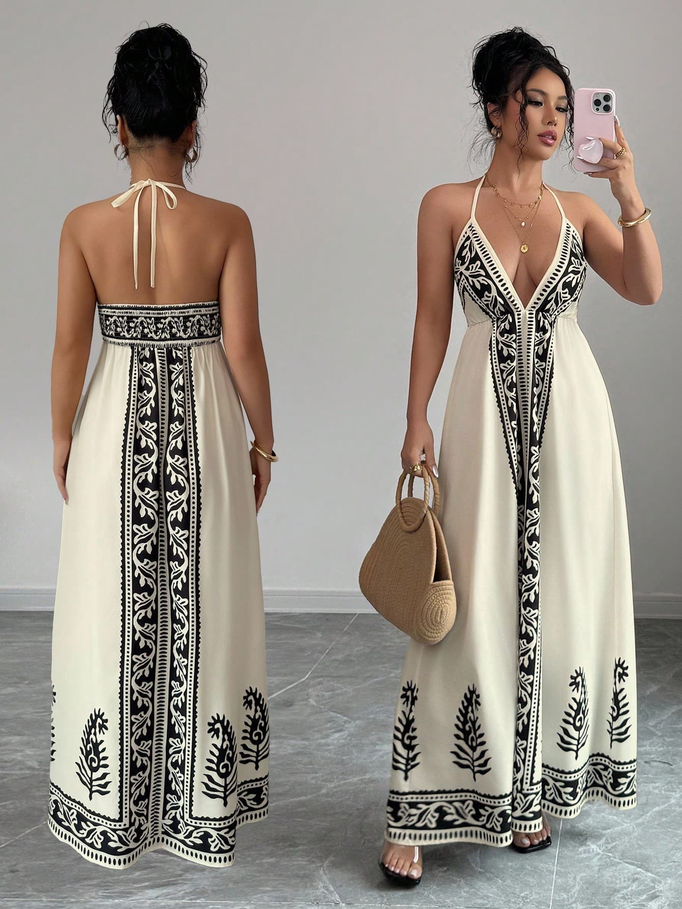 Selianne Floral Print Deep V-Neck Dress For Women Summer Dress Clothes For University
