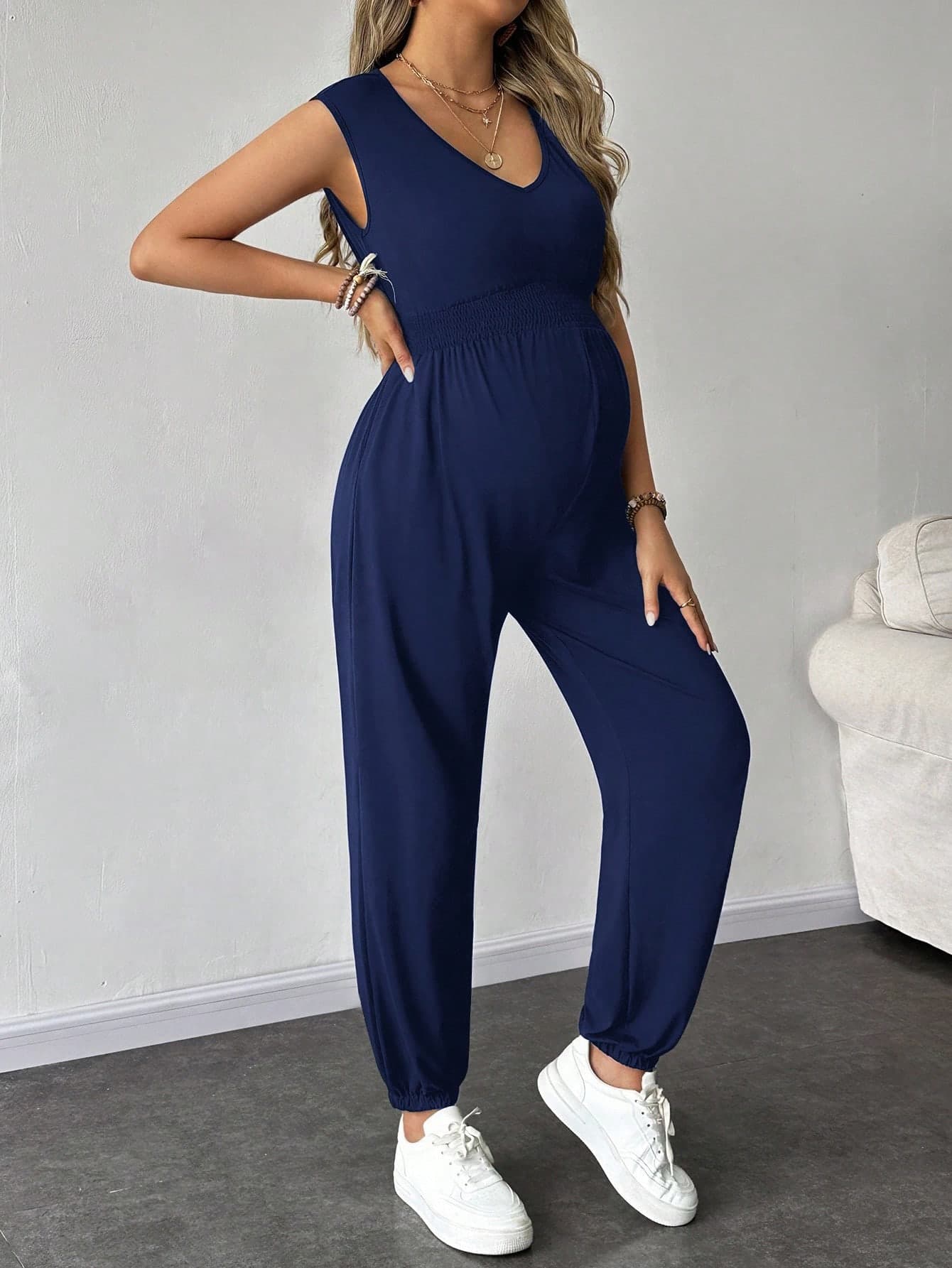 SHEIN Maternity Navy Blue Jumpsuit,Autumn Smart Casual V-Neck Sleeveless Comfortable Breathable Pregnancy Clothes,Vacation Outfit Sets Rompers For Women