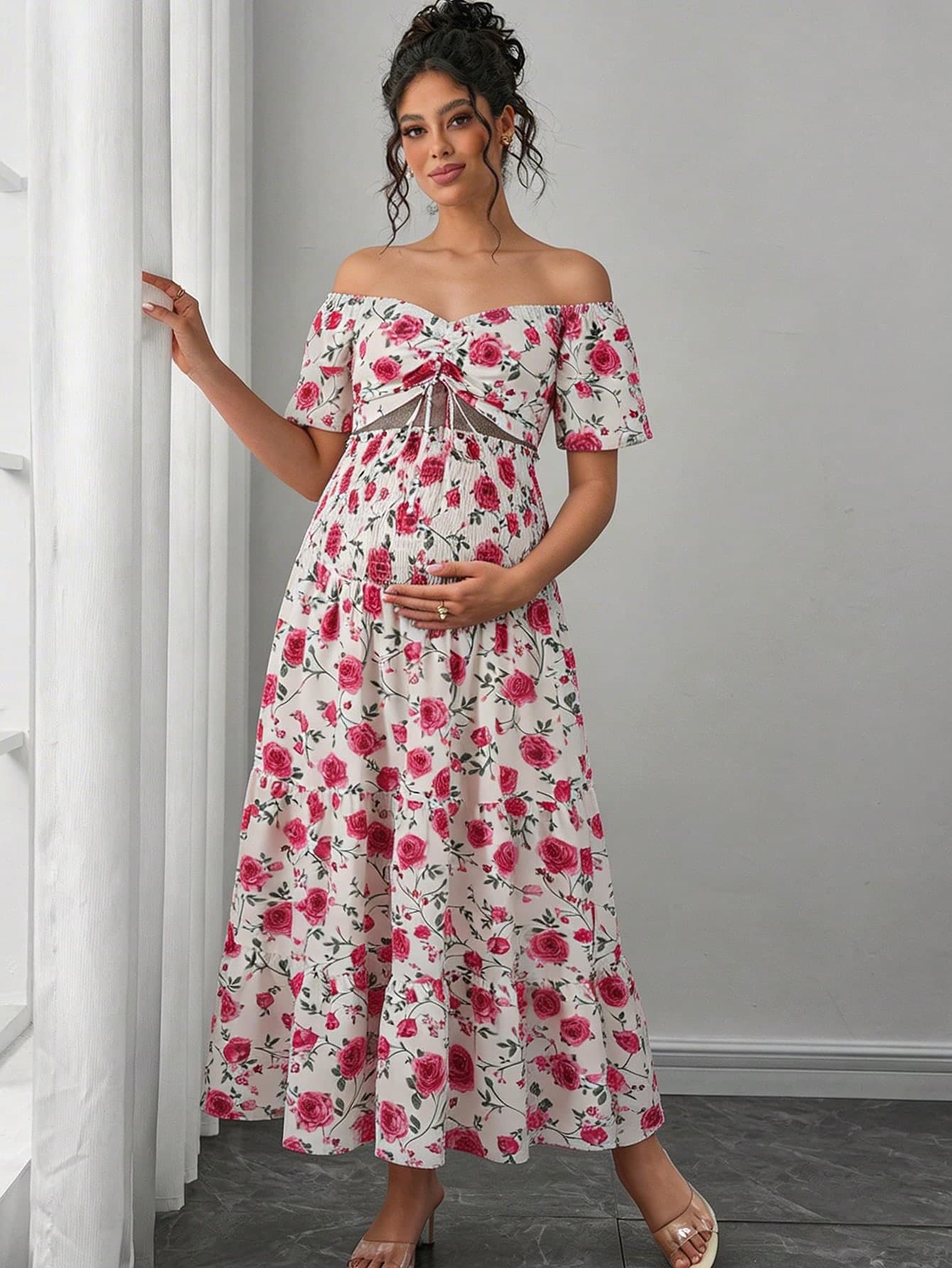 Momance Maternity Elegant Floral Print Off-Shoulder Drawstring Ruched Cropped Top & High Waist Tiered Hem Skirt 2pcs Set,White Summer Boho Holiday Dresses