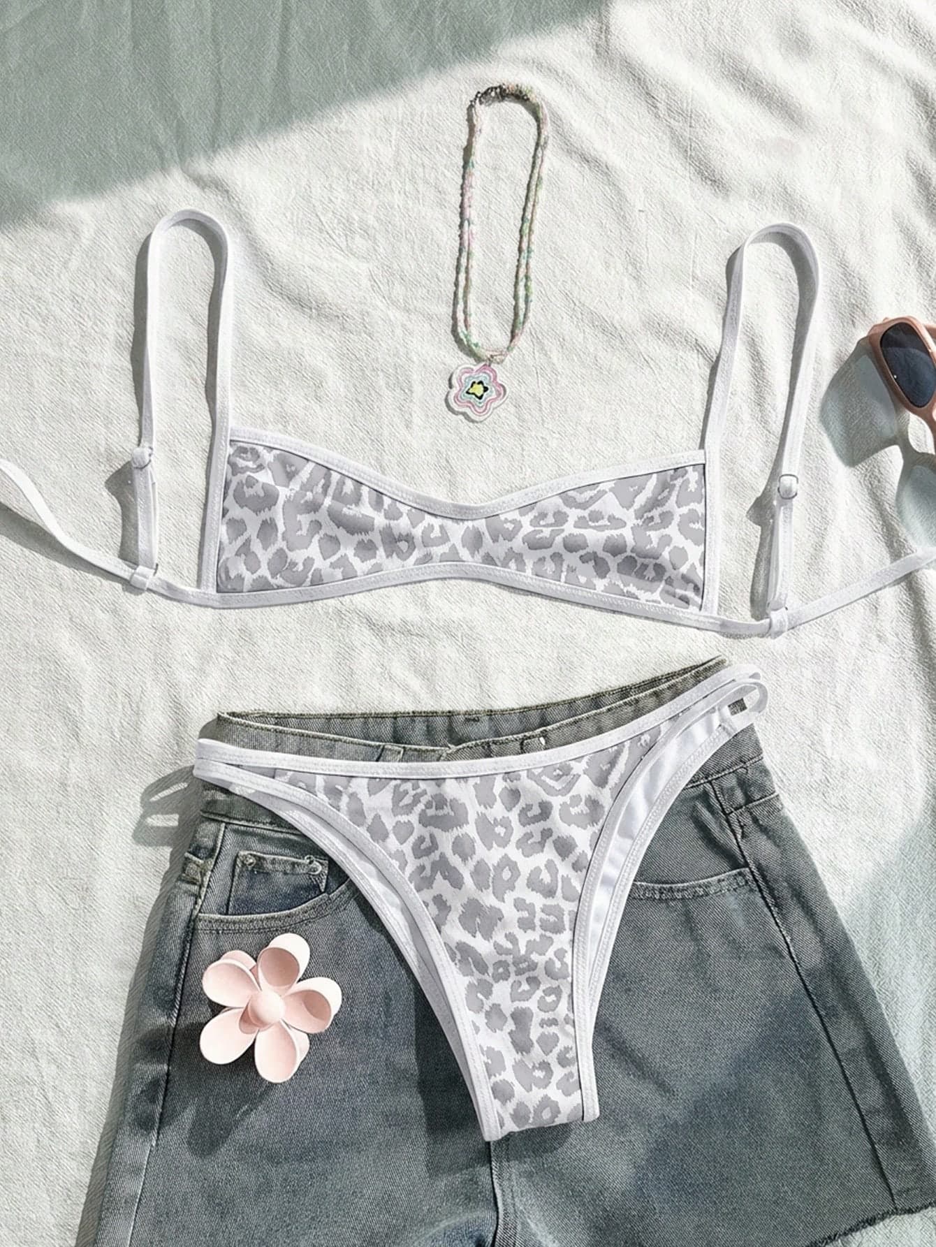 Swim Mod Women's Leopard Print Spaghetti Strap Bikini Set,2 Pieces White Swimwear For Summer,Casual Holiday,Pool Party,Vacation,Beach California Outfits