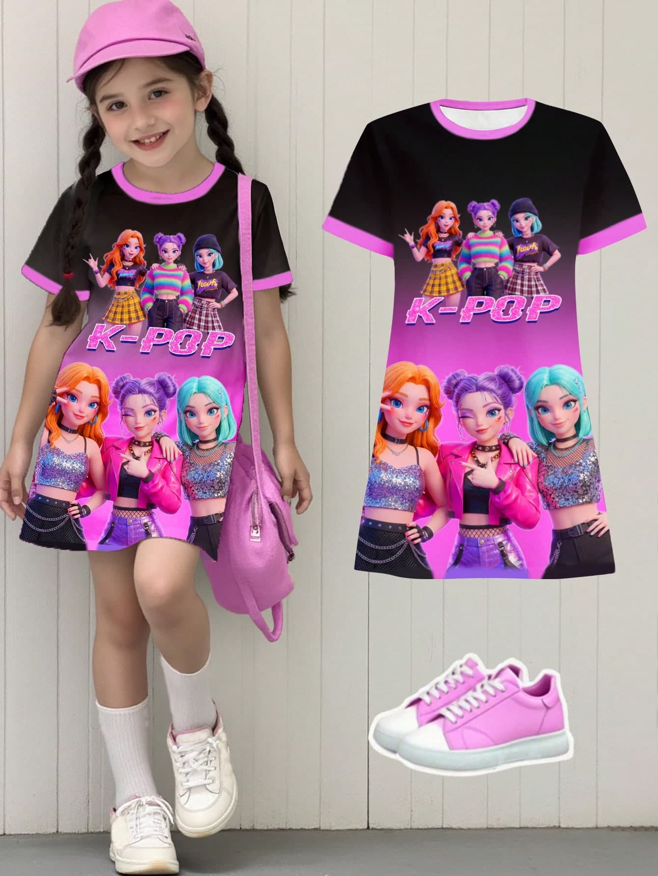 Young Girls Casual K-POP Singer Cartoon Girl Ombre Color Block Short Sleeve Round Neck Knit Dress,Black Summer School Comfortable Holiday Dress