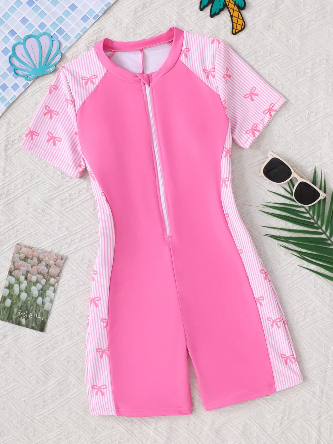Tween Girls One-Piece Swimsuit Pink And White Striped,Summer,Cute,Beach,Holiday Pink Bow Print Patchwork Zipper Rash Guard Kids Leisure Vacation Swim