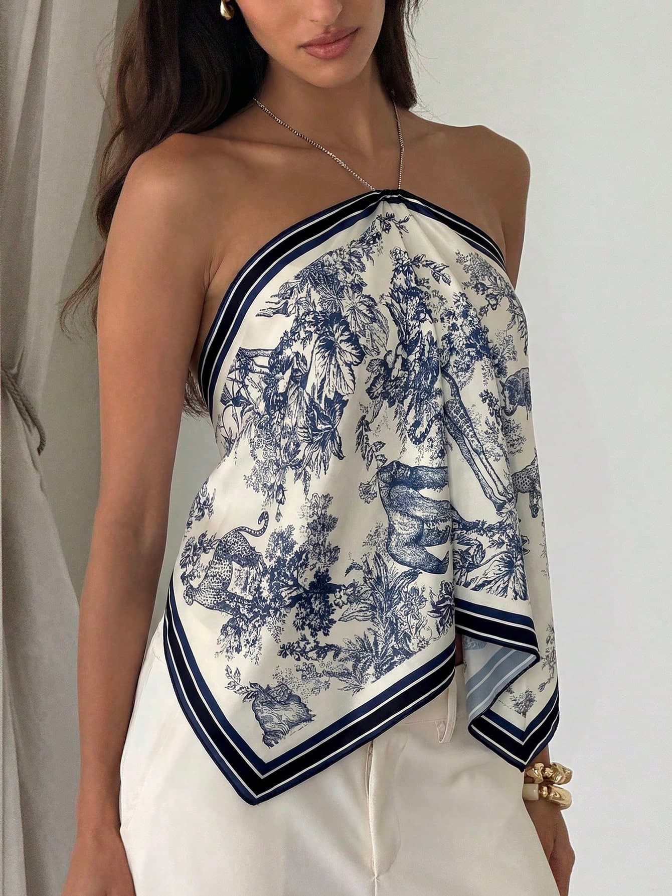 Aloruh Women's Elegant Tie-Dye Chiffon Printed Halter Neck Beach Vacation Top