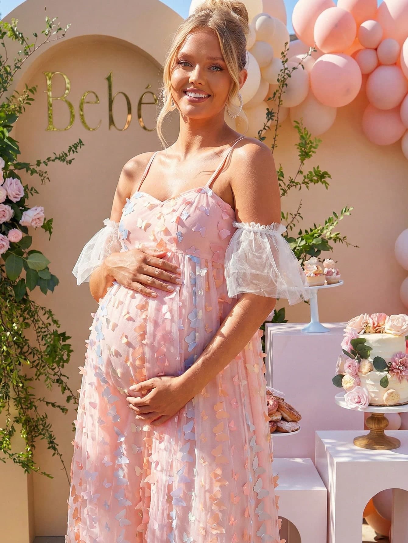 Loomaby Pink Butterfly Decor Off-Shoulder Maternity Dress For Baby Shower,Summer Fairy Elegant Pregnancy Dresses For Photoshoot,Gender Reveal Dress Set