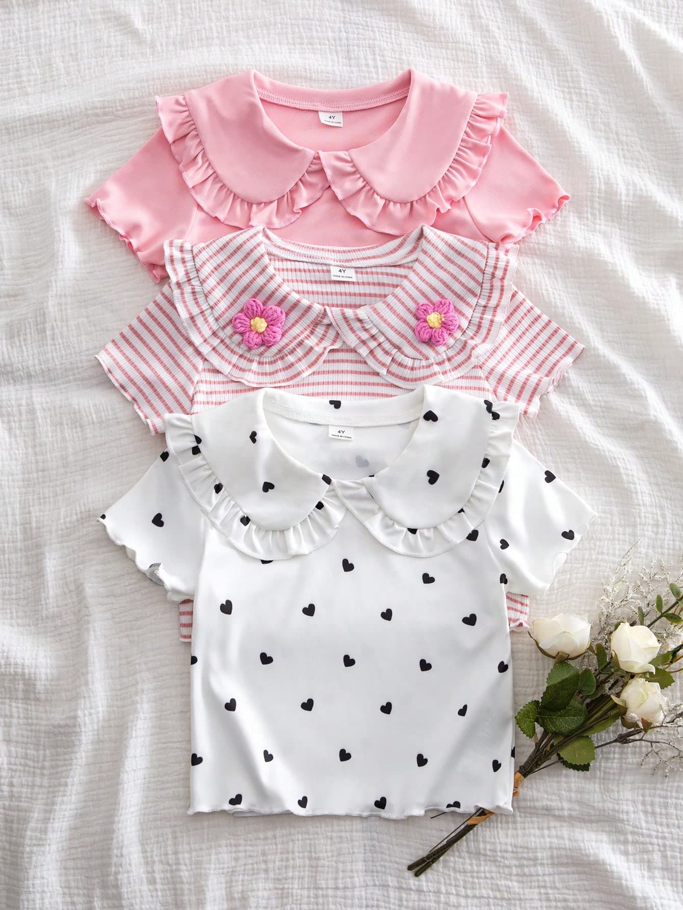 SHEIN Genkimix Kids 3pcs/Set Young Girl' Sweet Cute Ruffle Collar Short Sleeve T-Shirt, Pink & White Striped Combo, Summer Daily Wear
