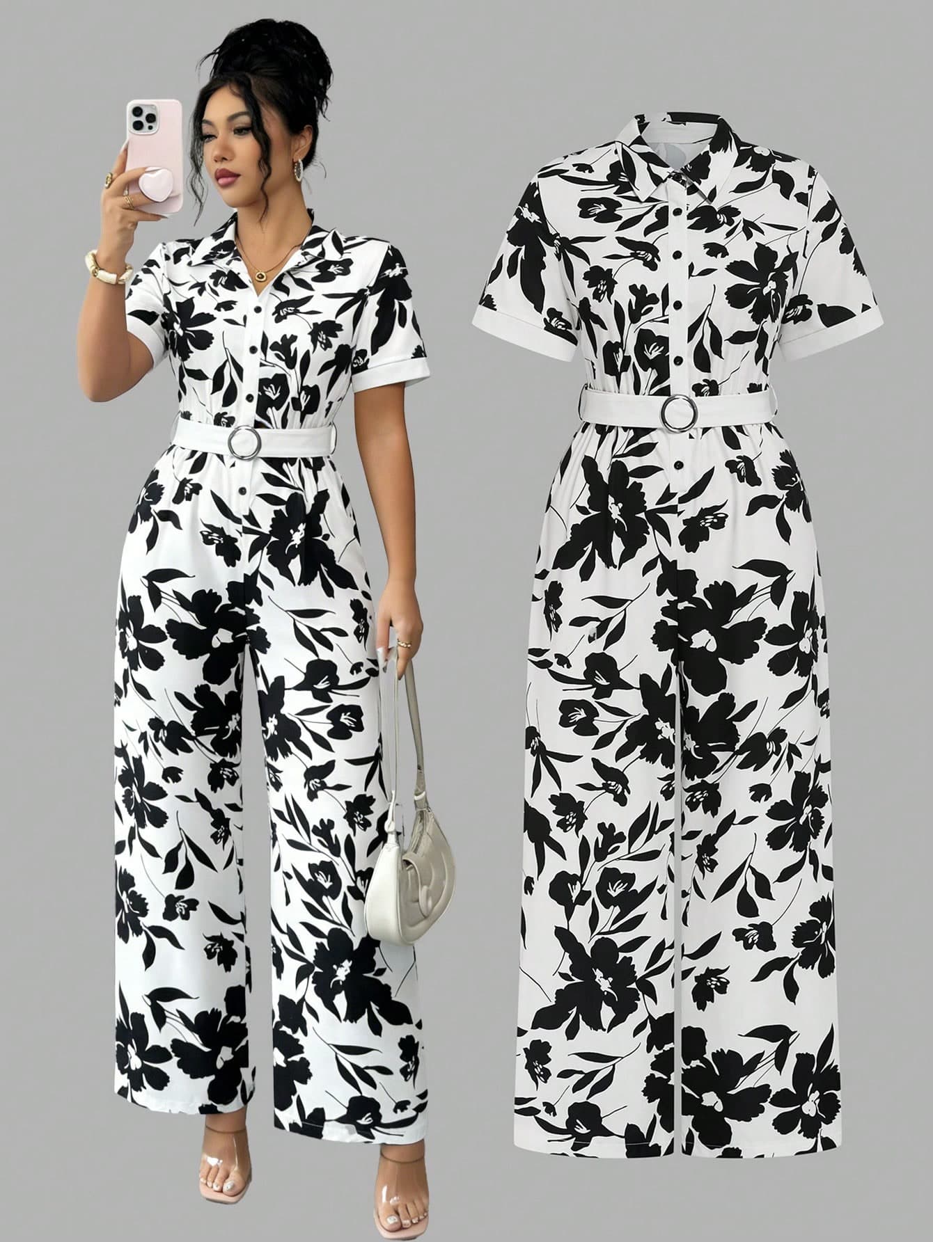 SHEIN Clasi CURVE Plus Size Women's Floral Print Short Sleeve Jumpsuit With Shirt Collar,Black And White,Summer,Casual,Elegant,Tea Party Pinterest Outfit Set For 2025