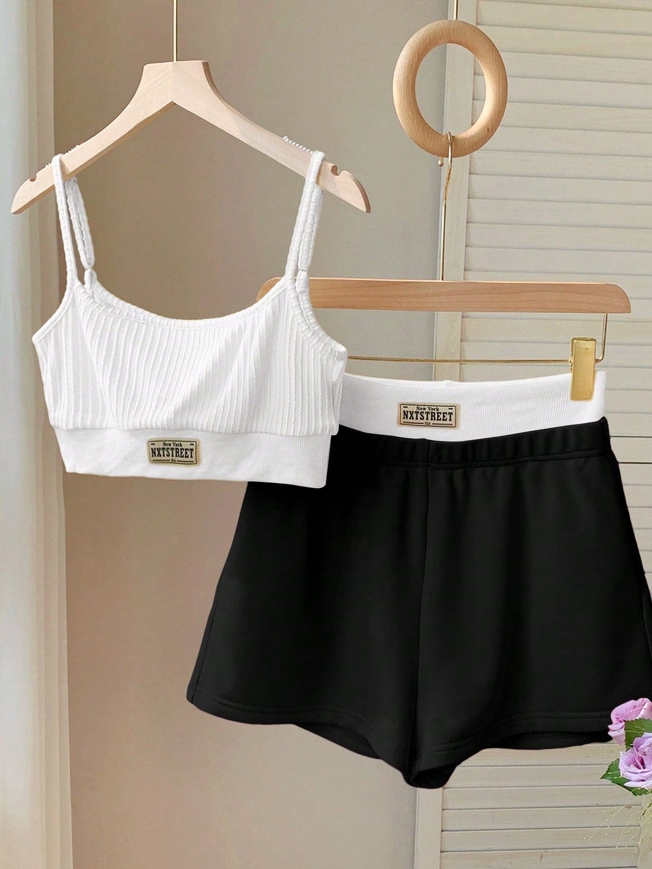 Comfortcana Women's Casual Street Style Letter Print Cropped Top And 2-In-1 Shorts Set, Summer Vest Contrast Splice Pants, Black White, Cute Outfit