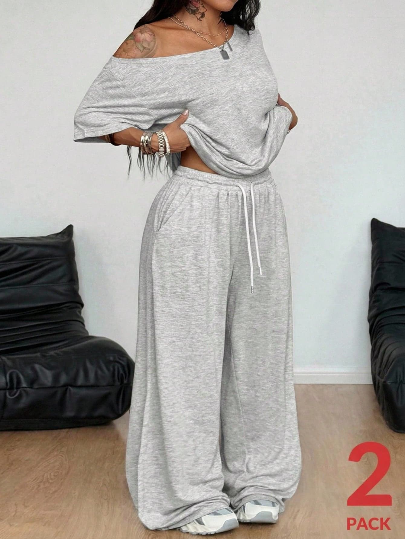 Coolane Women's Plus Size Summer Minimalist Streetwear Basic Daily Wear Going Out Gym Comfortable Off Shoulder T-Shirt And Wide Leg Sweatpants Grey