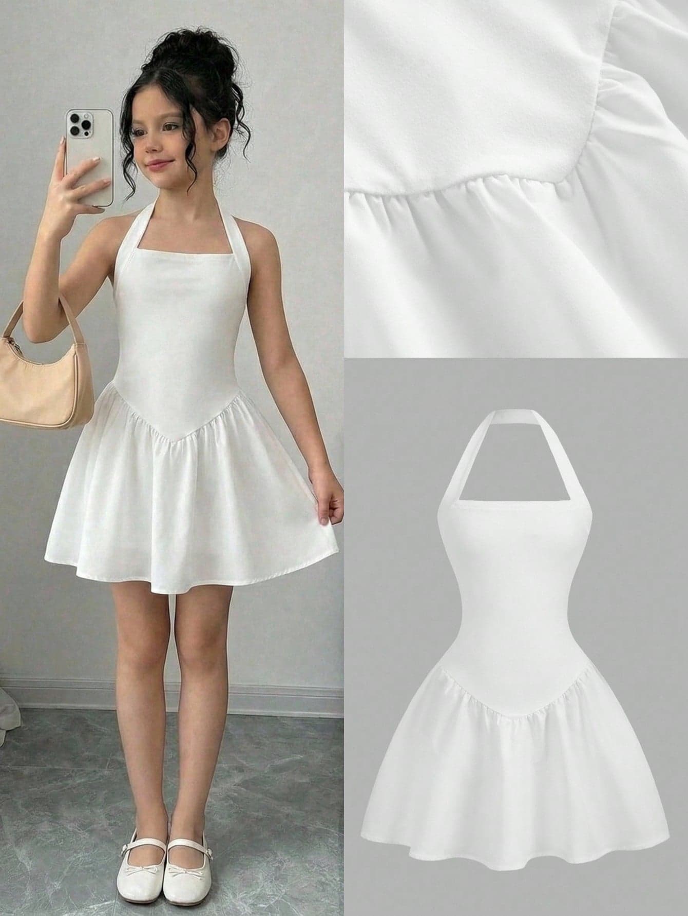 Firerie Kids Tween Girls Casual White Elegant Knit Spaghetti Strap Snug Fit A-Line Mini Dress, Suitable For Party, Outing, Back To School Outfit